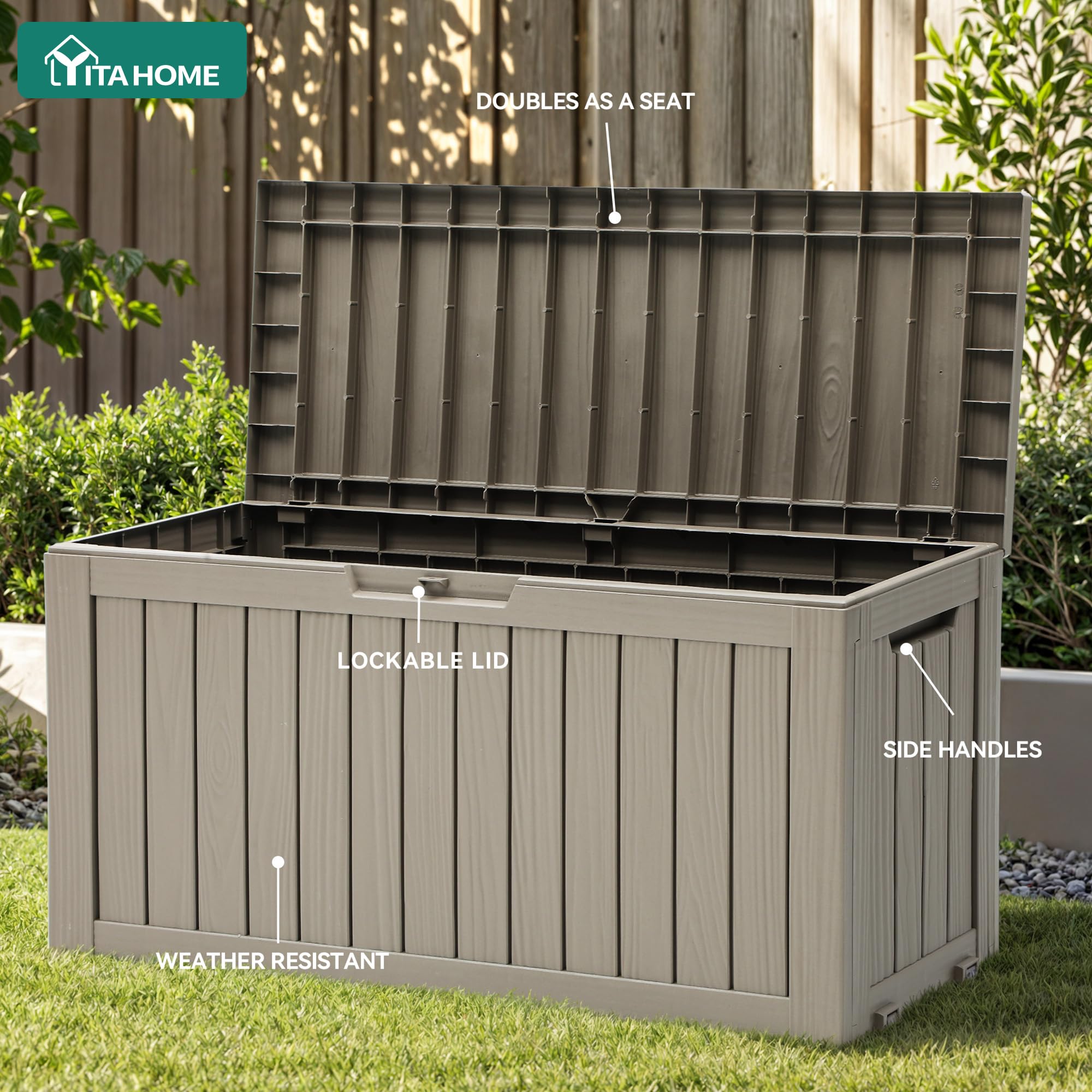YITAHOME Outdoor-Aufbewahrungsbox mit Rollen, 270L Kunststoff-Gartenbox, Wetterfeste Aufbewahrungskiste für Kissen, Werkzeug & Poolzubehör, Abschließbar, Holzoptik, 114,7 x 46,5 x 57,6 cm, Hellbraun