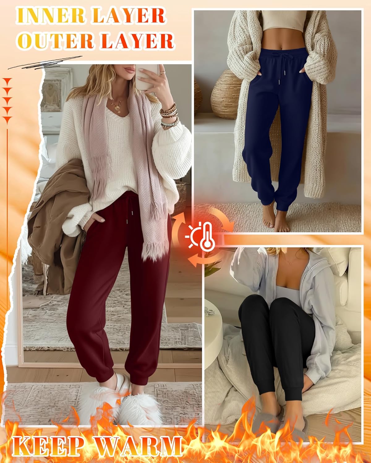 3 Pack Women's Fleece Lined Joggers Thermal Lounge Sweatpants Elastic Waist Drawstring Yoga Pants with Pockets - Image 2