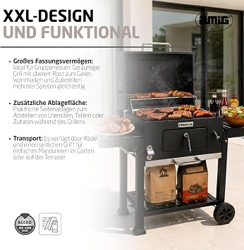 Amig - Holzkohlegrill XXL - Fireplus Tragbarer Barbacue - Grill mit Rädern und Seitenablagen - Belüftungssystem und Aschebehälter - Stahlgrill 57 x 42 cm - Maße: 116 x 131 x 56 cm
