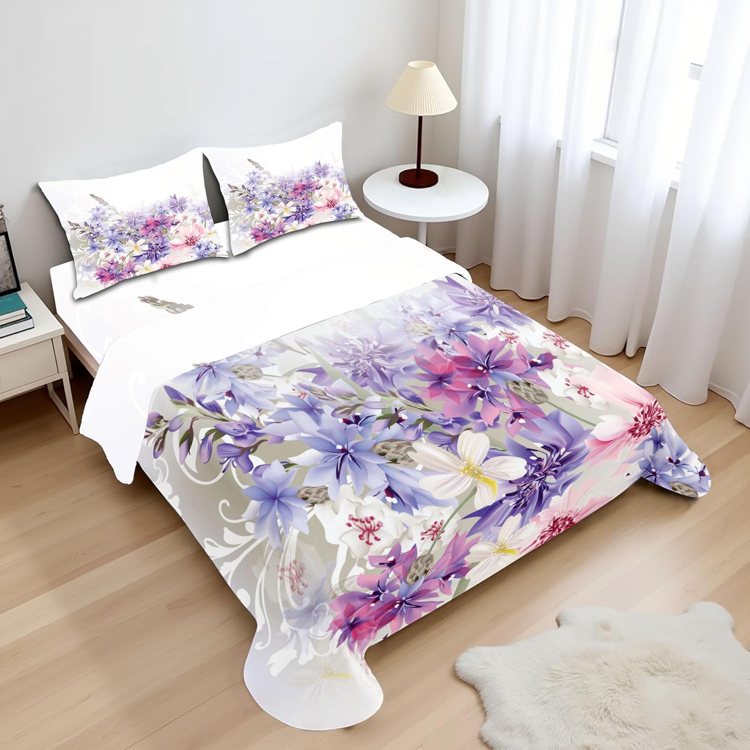 Ambesonne Lavender Sheet Set, Pastel Cornflowers Bridal Classic Design Gentle Floral Print Wedding Design, Fitted and Flat Sheet with Pillowcases Bedding Accent 4 Piece Set, Full, Violet White Pink