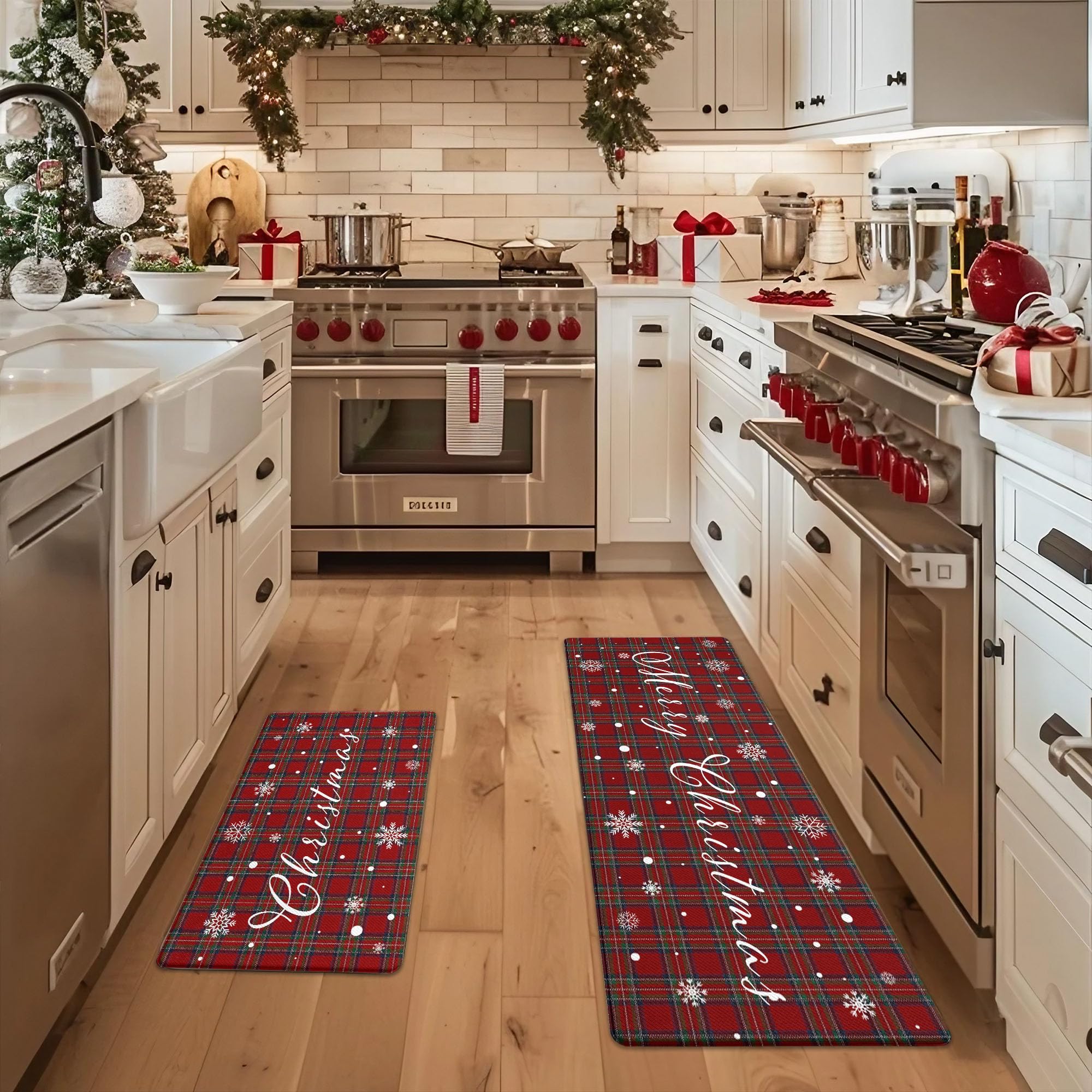 AMM Christmas Kitchen Rugs Set of 2, Buffalo Plaid Xmas Kitchen Mats for Floor Anti Fatigue, Winter Snowflake Merry Christmas Kitchen Decor, Non Slip Cushioned Memory Foam Kitchen Floor Mat