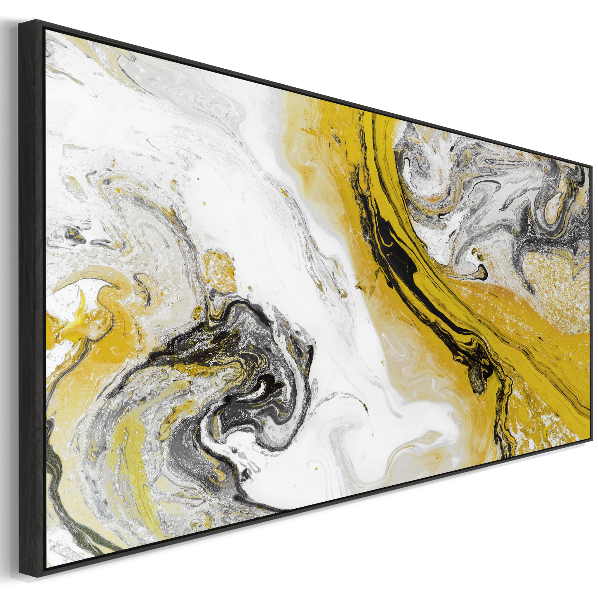 Wallfillers Long Wide Horizontal Framed Wall Art Print - Over Bed Couch Sofa - Panoramic Canvas - Yellow Grey Abstract Picture - L - XL - XXL (Yellow Grey #462, 123 x 52cm - BLACK Frame XL)
