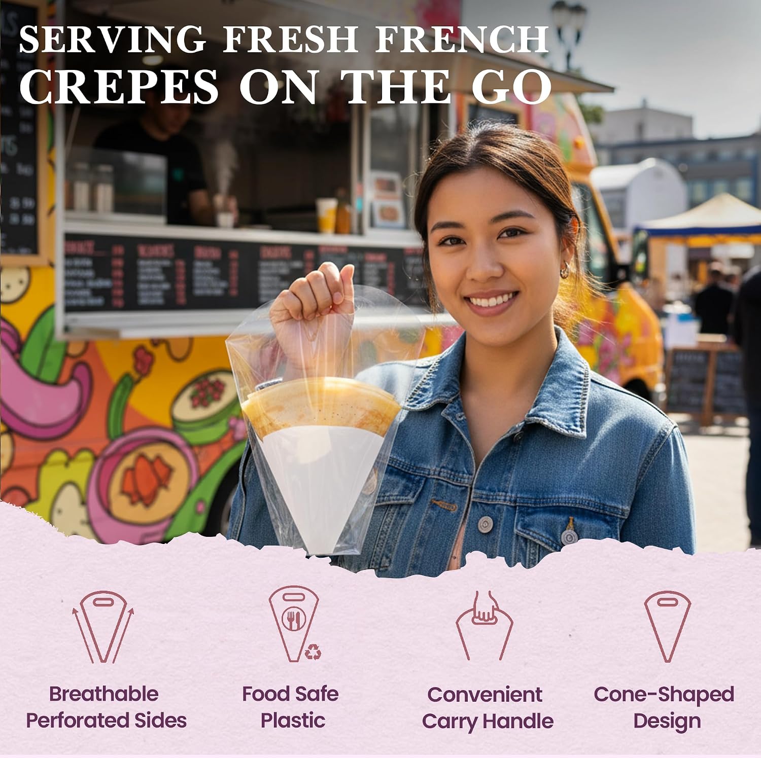 Friteshop French Crepe To-Go Bags with Carry Handle - Cone-Shaped Plastic Crepe Holders, Breathable Perforated Sides - Takeaway Packaging for Food Trucks, Cafes & Festivals – 100 Count