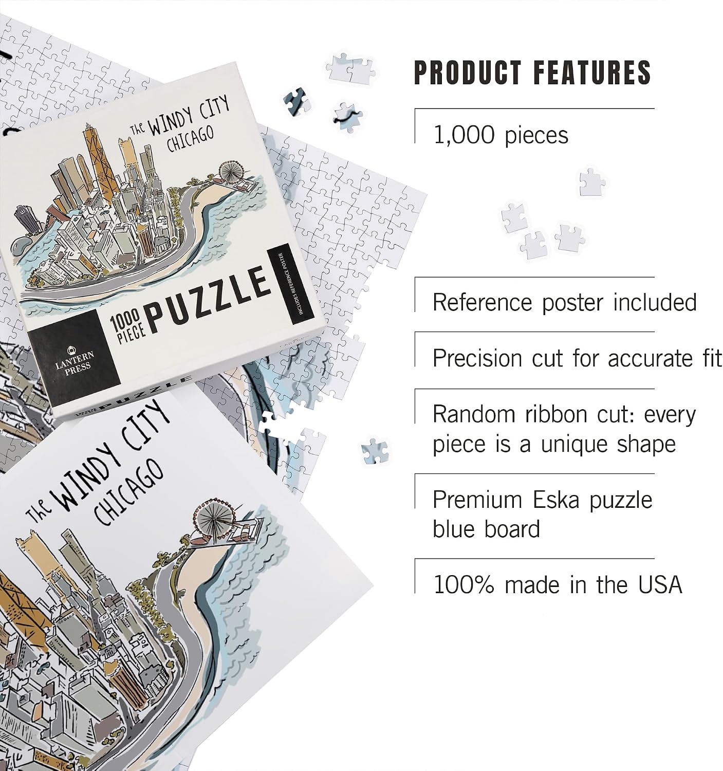 Lantern Press The Windy City, Chicago, Illinois, Cityscape, Line Drawing 1000 Piece Jigsaw Puzzle for Adults, Made in USA with Reference Poster