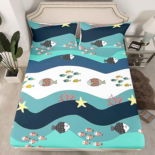 Feelyou Juego de sábanas de peces tropicales para niños y niñas, juego de ropa de cama de vida marina con 1 funda de almohada, tamaño individual