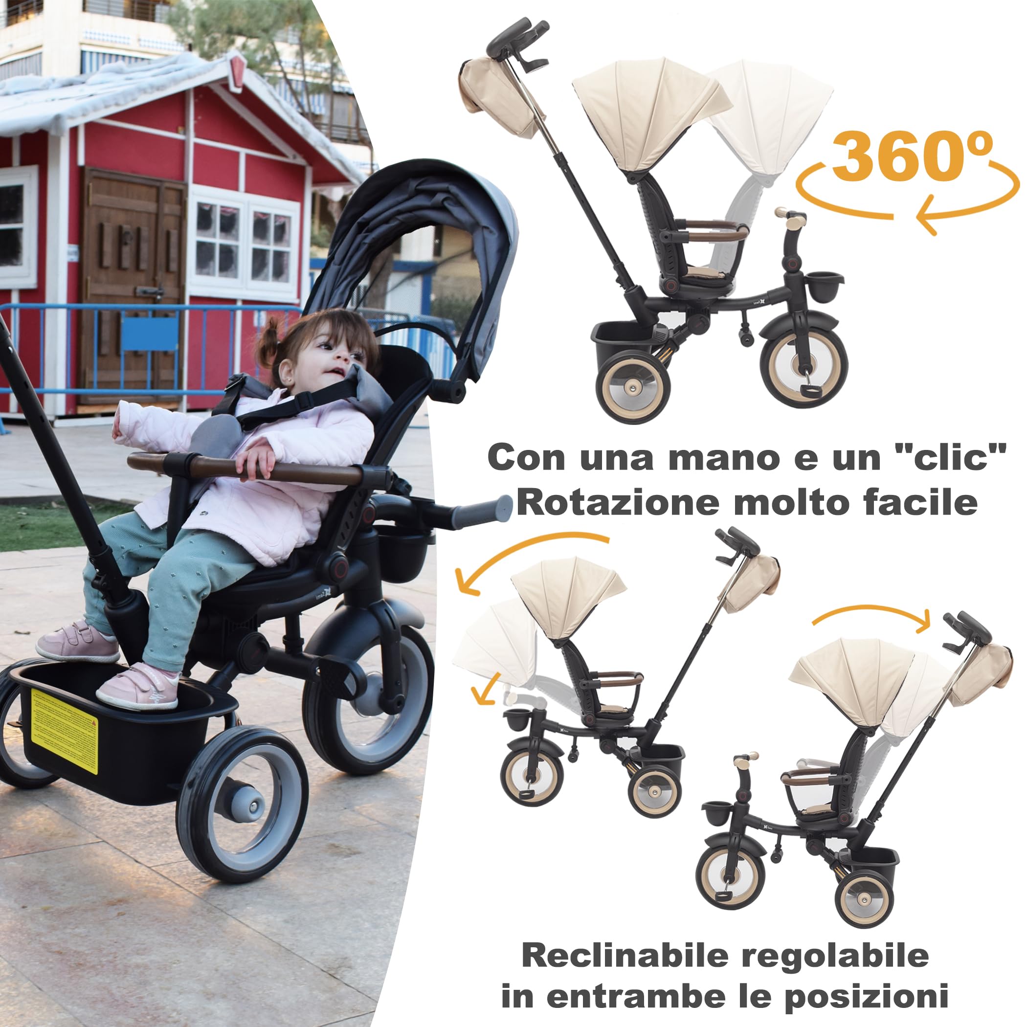 Twinly - Triciclo Evolutivo Bambino Sami Pieghevole con Sedile Girevole 360 Bicicletta 2 anni - Passeggino Bambino, Giocattolo, 1-5 anni o 25 kg - Luce, Cappottina Estensibile (Beige)
