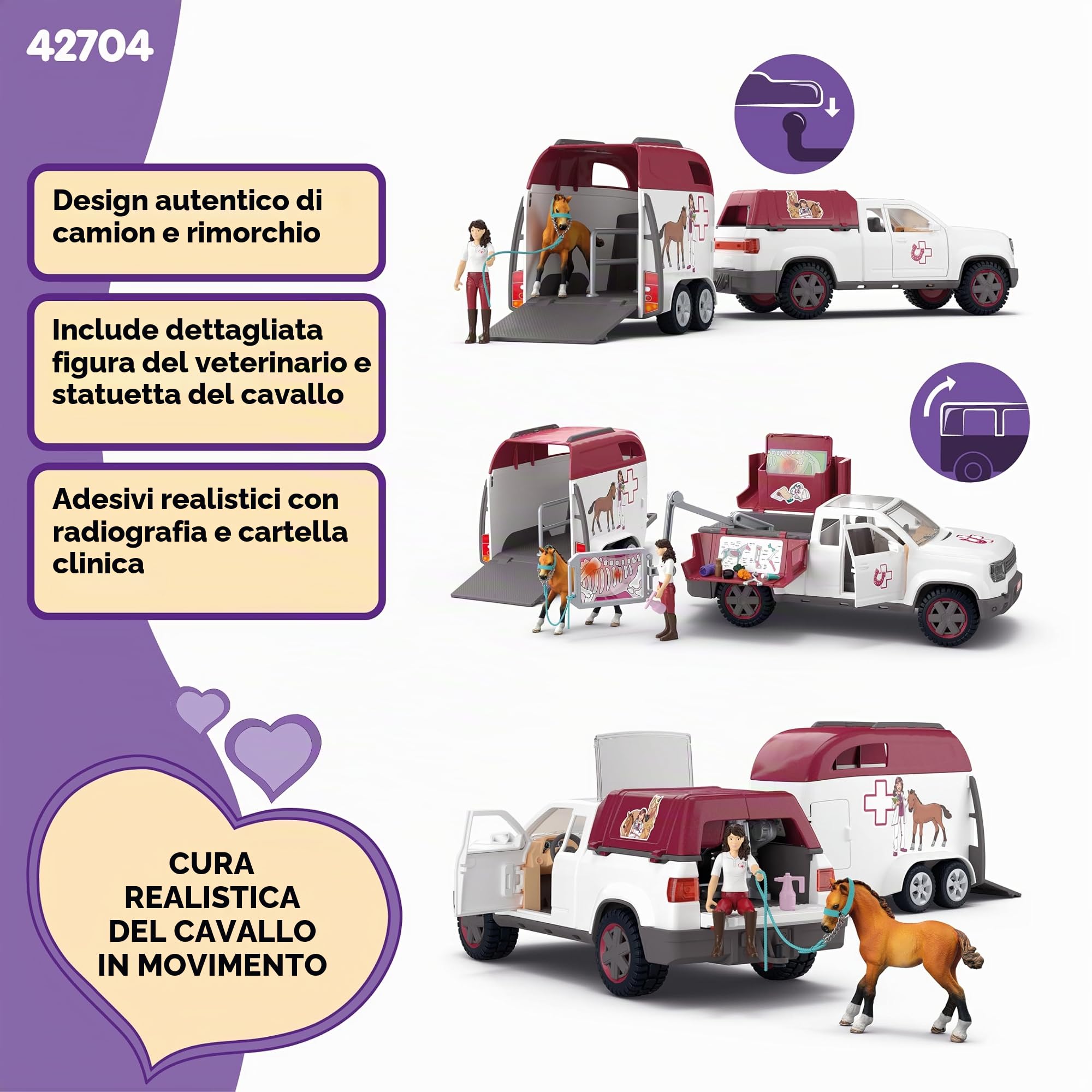 Schleich Horse Club | Veterinaria Mobile con rimorchio 42704 | dai 5 Anni | Set con Pick-up & rimorchio, 1 cavallo, personaggio articolato & accessori | Regalo perfetto per bambine/i | Da 5 anni | 90 p