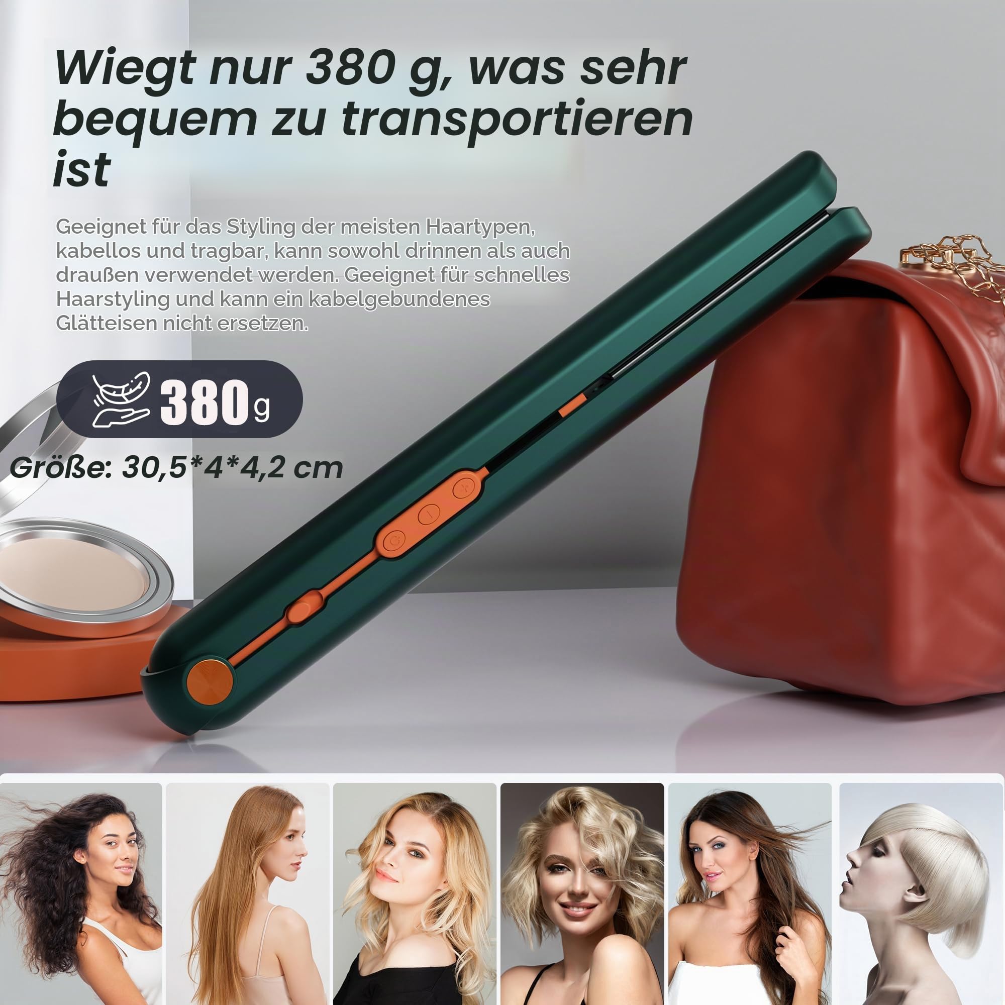 2 in 1 Glätteisen Locken und Glätten, 160°C-220°C Reise Glätteisen Kabellos 10000mAh Akku Haarglätter Tragbares mit LED Anzeige, 4 Einstellbare Temperaturen Haarglätter für Frauen Männer (Dunkelgrün)