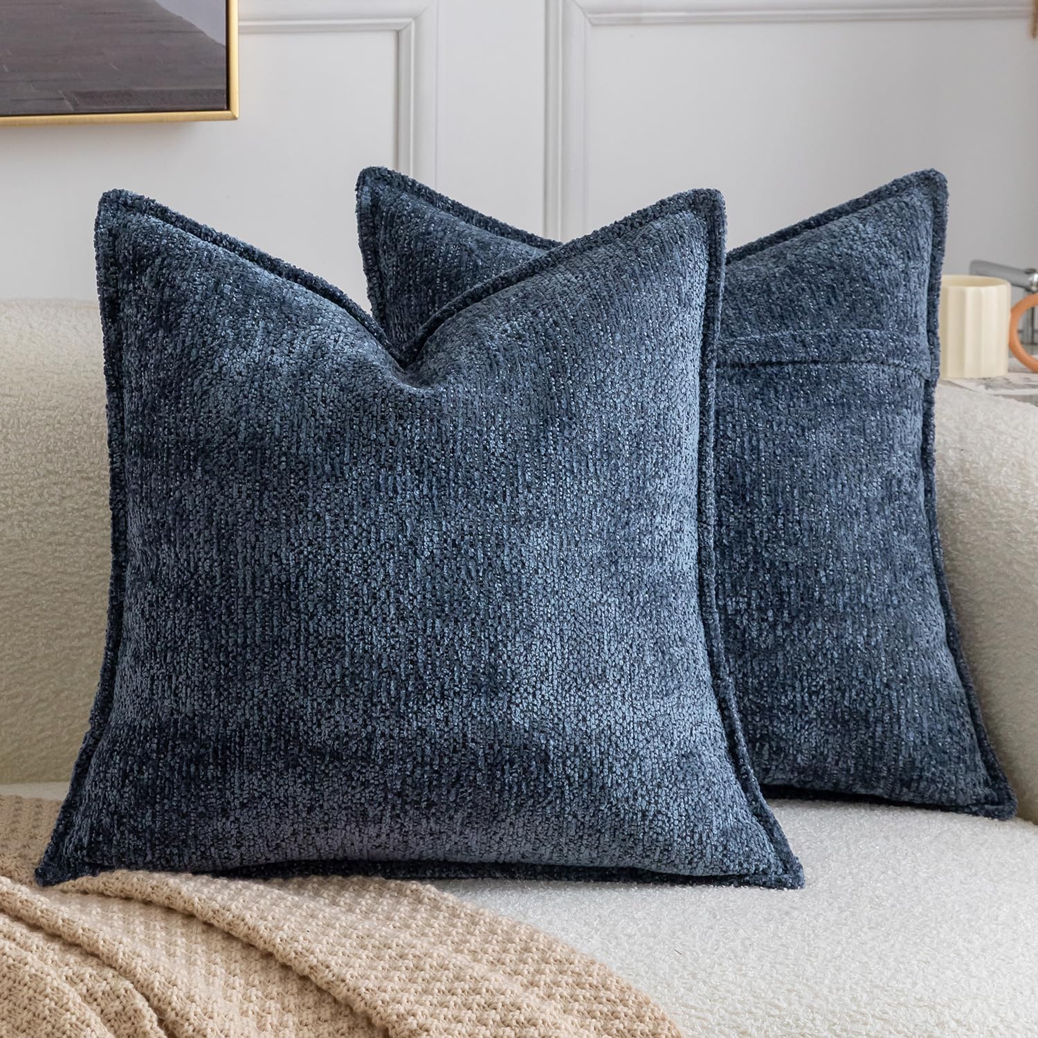 Madizz Pack of 2 Decorative Cushion Covers Boho Soft Textured Chenille Throw Pillows Solid Euro Sham Pillow Covers for Couch Sofa Bedroom Living Room 60x60 CM, Dark Blue