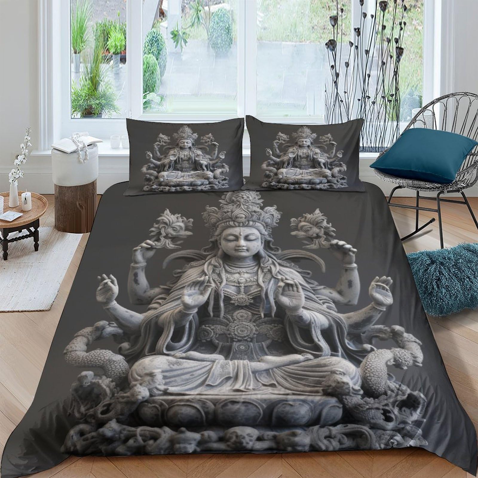 Housse de couette Bouddha 220x240 cm King avec parure de lit 3 pièces en microfibre