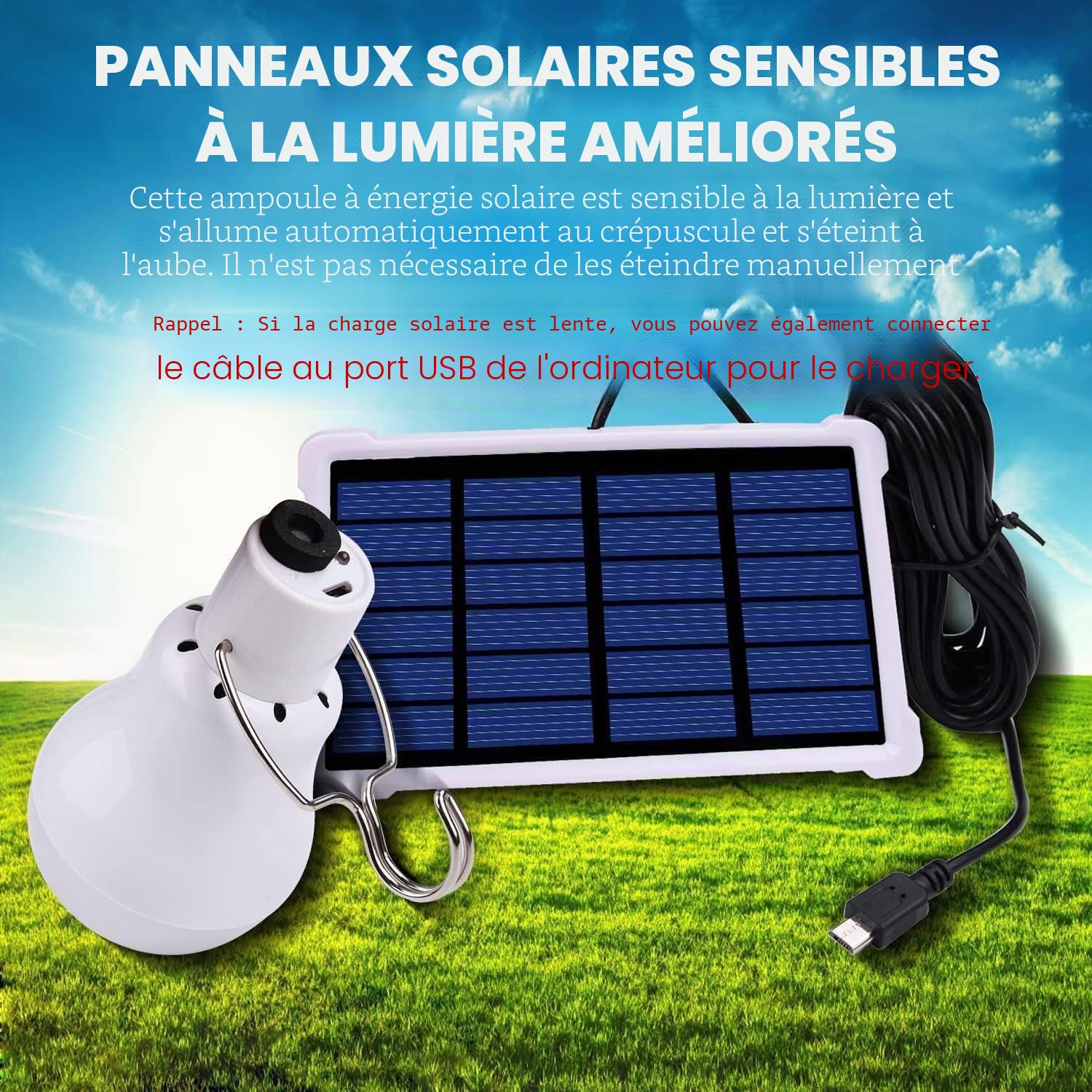 2 x Lampe Solaire Portable avec Télécommande et Capteur de Lumière Intégré,LED Lampe Urgence Solaire Ampoule à Crochet Lanterne Camping Puissante Lumiere Éclairage avec Panneau Solaire