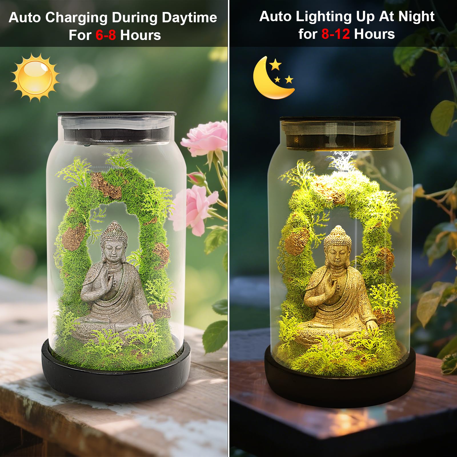 Statue de Bouddha de jardin solaire pour décoration d'intérieur – Sculptures de lumières solaires zen de 24 cm avec 15 LED, figurine de Bouddha assis, méditant, mousse sereine dans un pot pour