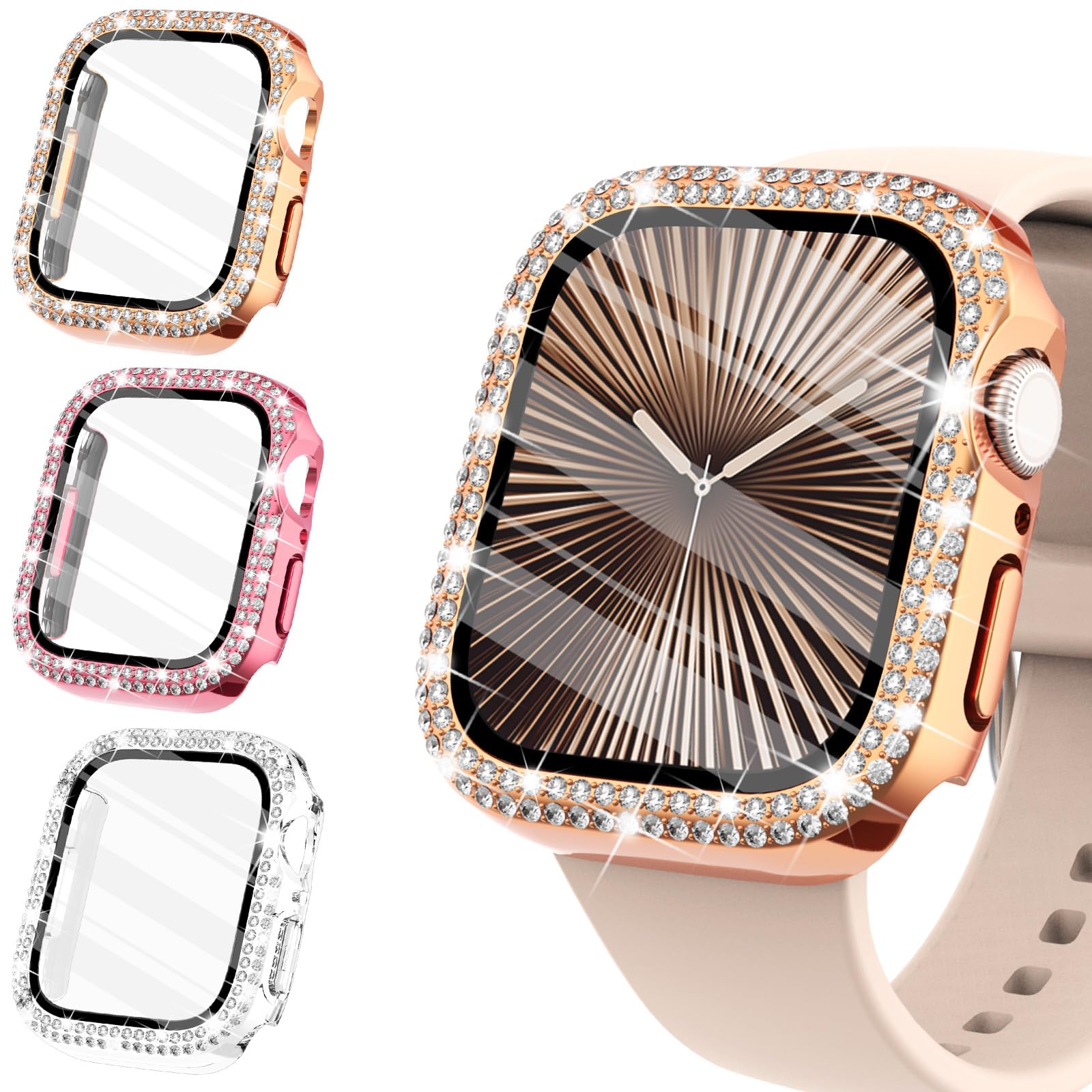WINGLE Compatible with Apple Watch Screen Protector 44mm SE 3 2 1/ Series 6 5 4, Women Shiny Diamond Cover with Tempered Glass Screen Protector for Apple Watch Case 44mm,Clear — view 11