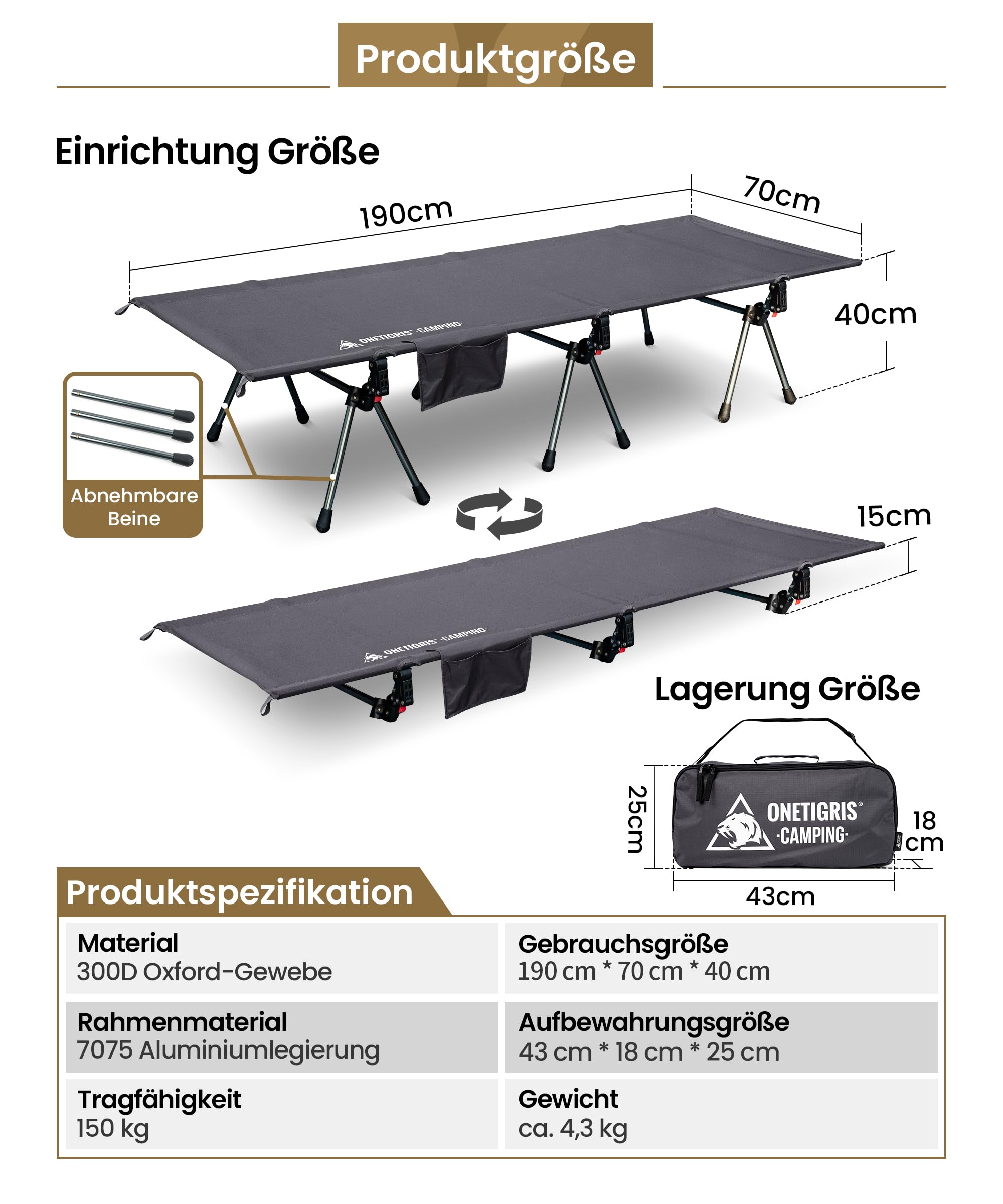 OneTigris SUPRANUBIS Lit de camp pliable 190 x 70 cm, portable, léger, lit de camping, jusqu'à 150 kg, pour tente, extérieur, voyage, jardin, bureau