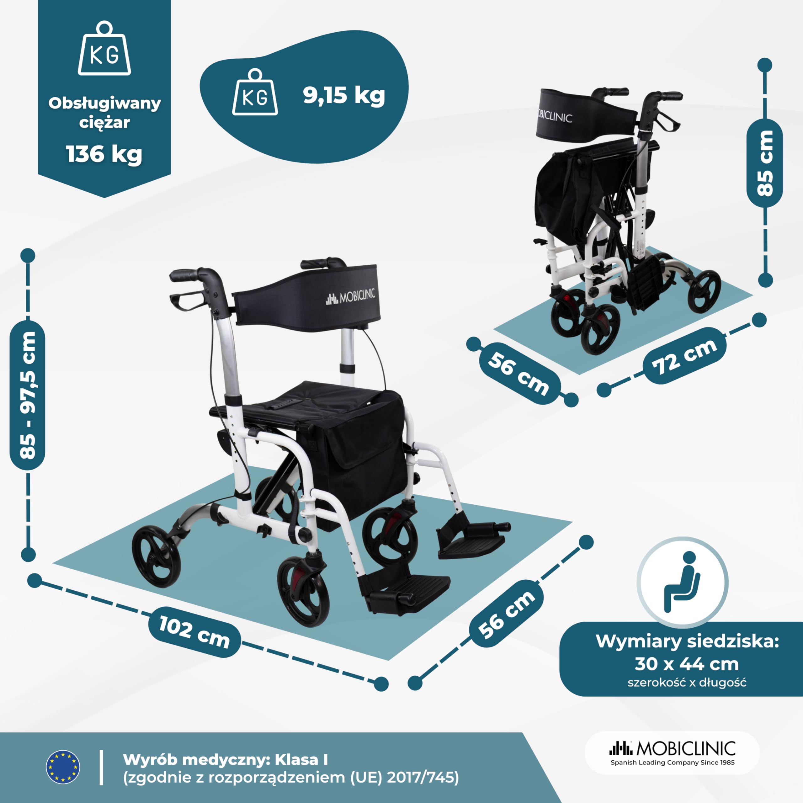 Mobiclinic®, Składany Chodzik z Podnóżkiem, Składany, Regulowana Wysokość, Maks. 136 kg, z Hamulcami, Odwracalne Oparcie, Kółka 360º, Torba, Uchwyt na Laskę, Ibiza