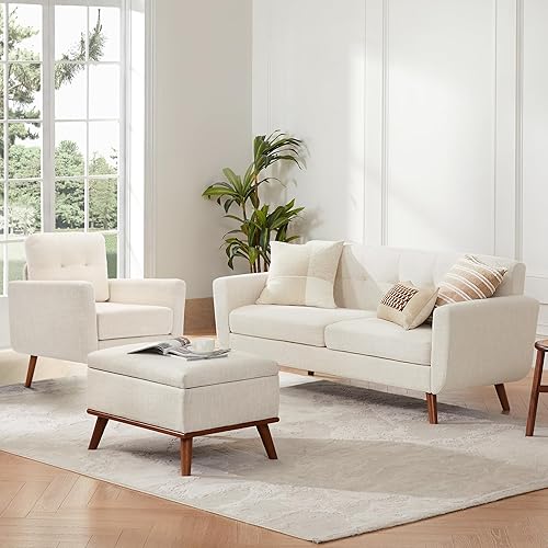 Miniatura 8 de Tbfit Sofá individual de tela de lino, silla de acento, sillón moderno de mediados de siglo para sala de estar, dormitorio, tapizado con botones,