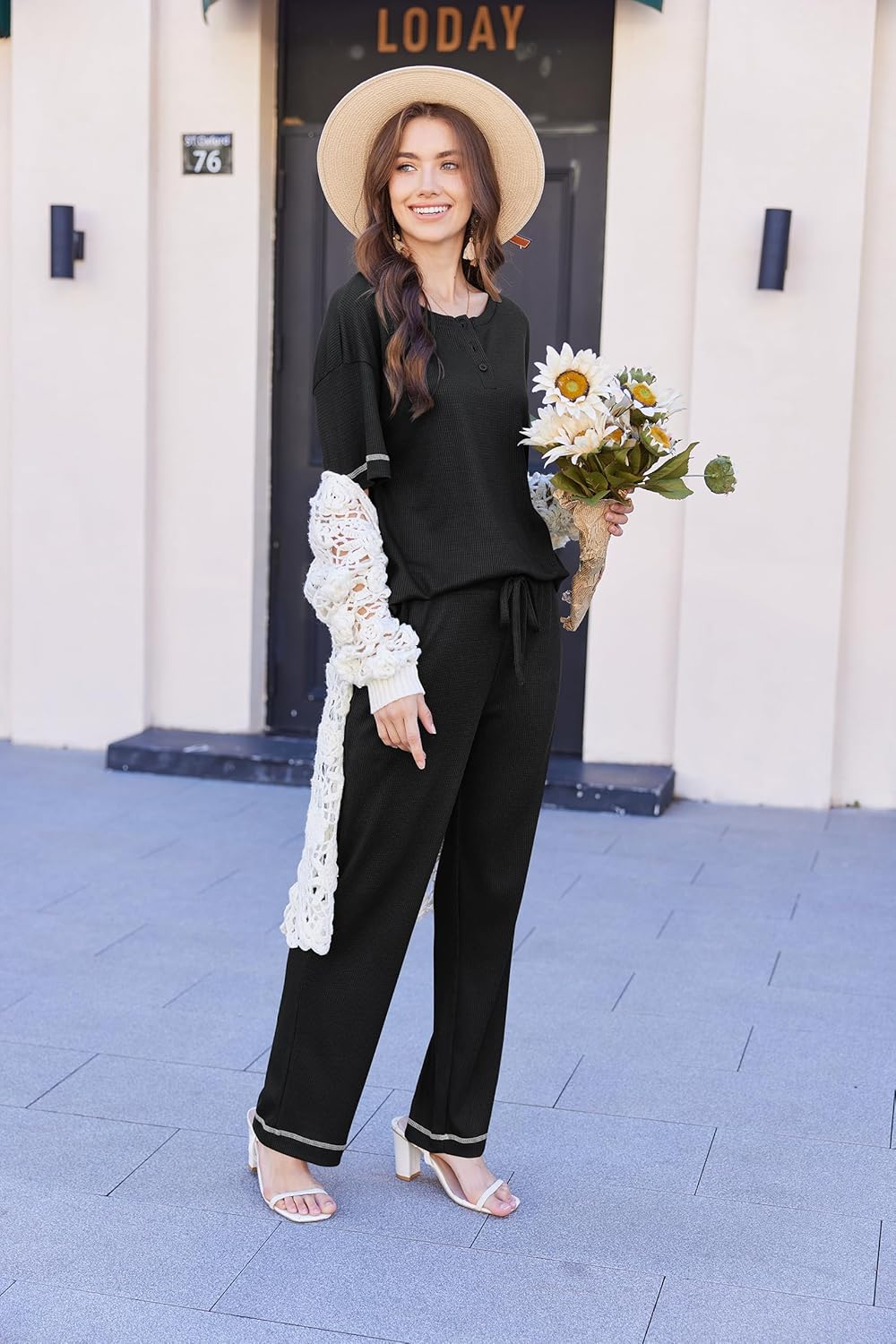 Ekouaer Lounge Sets for Women Waffle Knit Womens Pajama Sets 2 Piece Pjs Sets with Pockets Short Sleeve Top Long Pant - Image 4