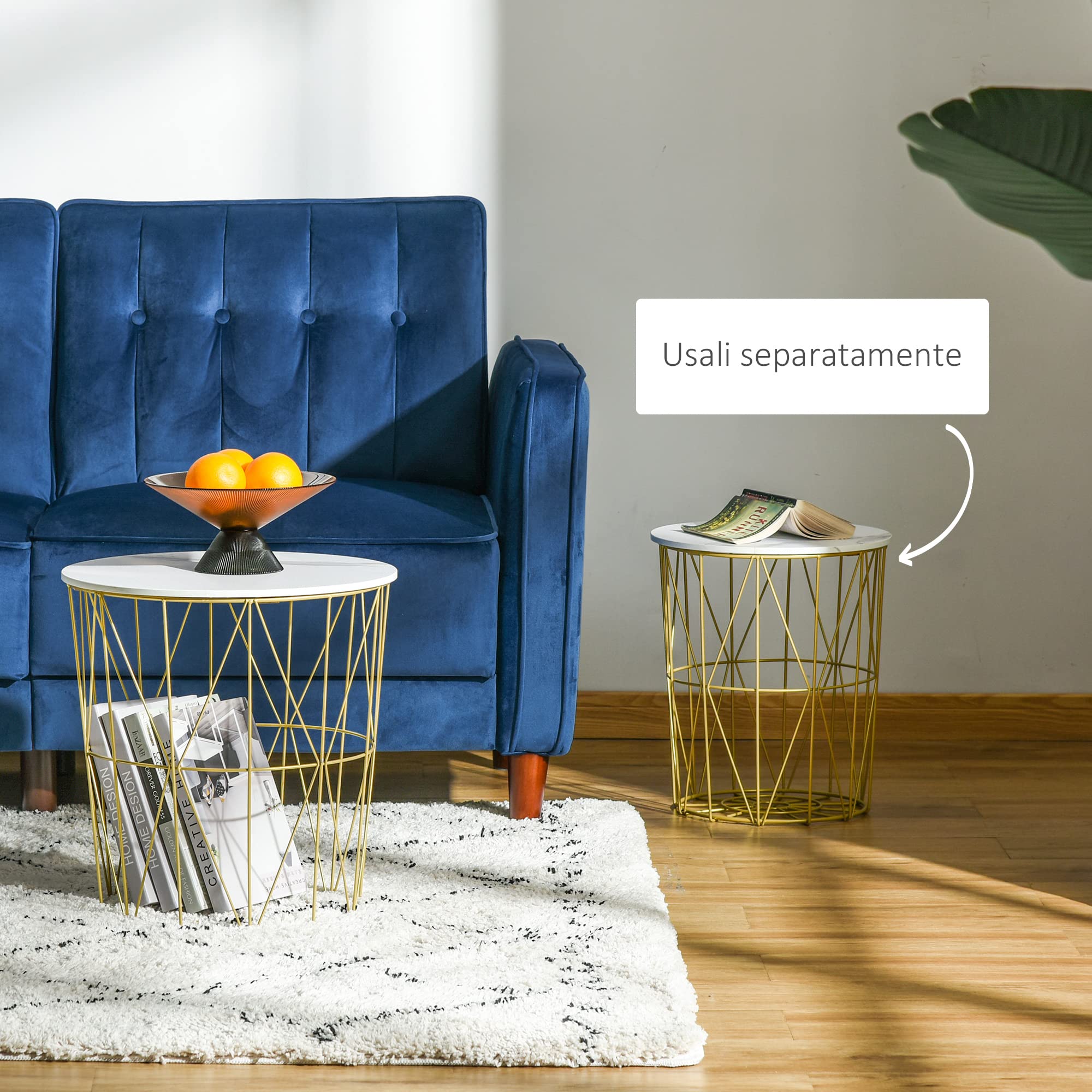 HOMCOM Set 2 Tavolini da Salotto Moderni Impilabili con Ripiano Rimovibile, Tavolino da Caffè con Contenitore per Soggiorno e Camera, Bianco Oro