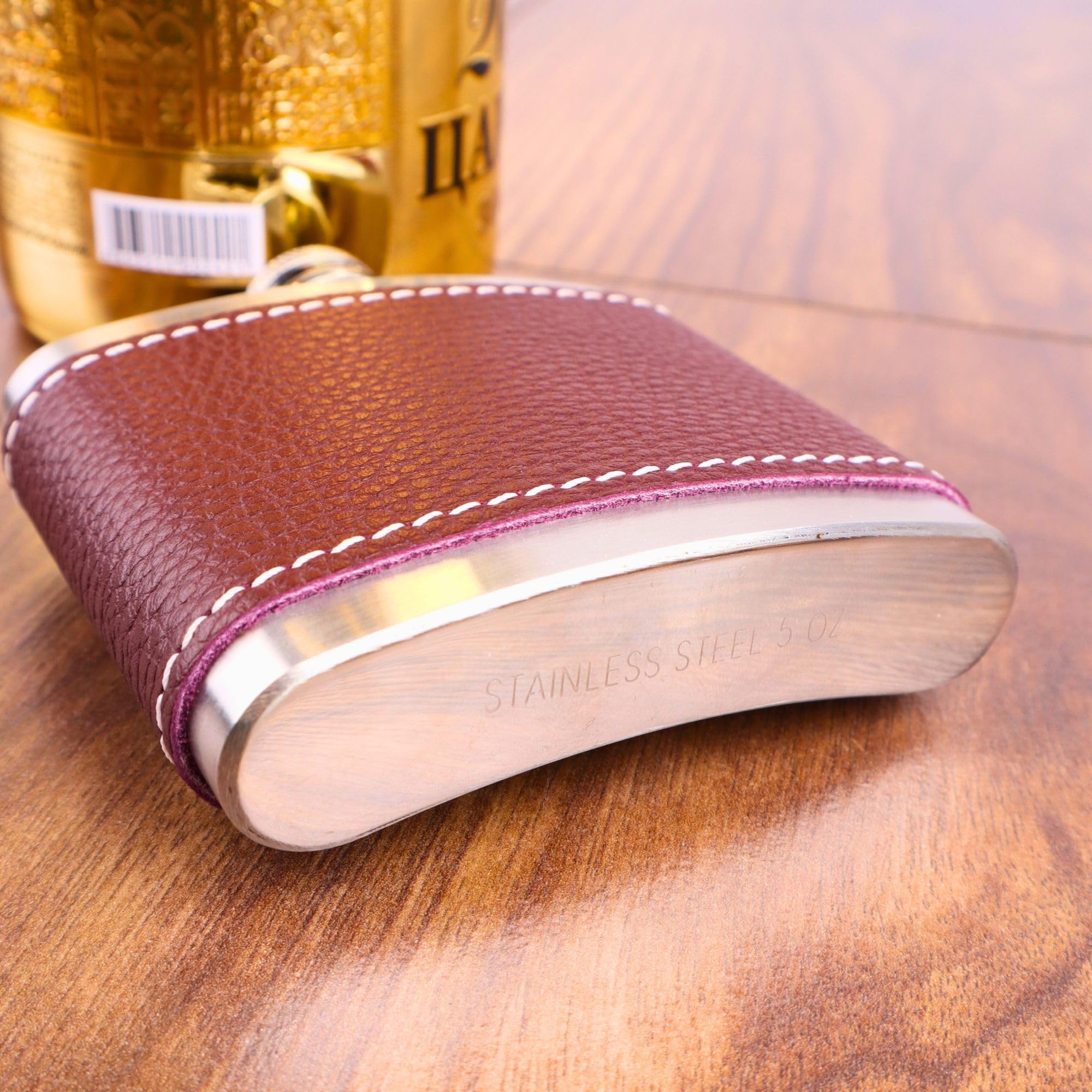 Perlotus 5 Oz-150 cc Hunili Kahve Brown Deri Kılıf Çelik Viski İçki Konyak Matarası