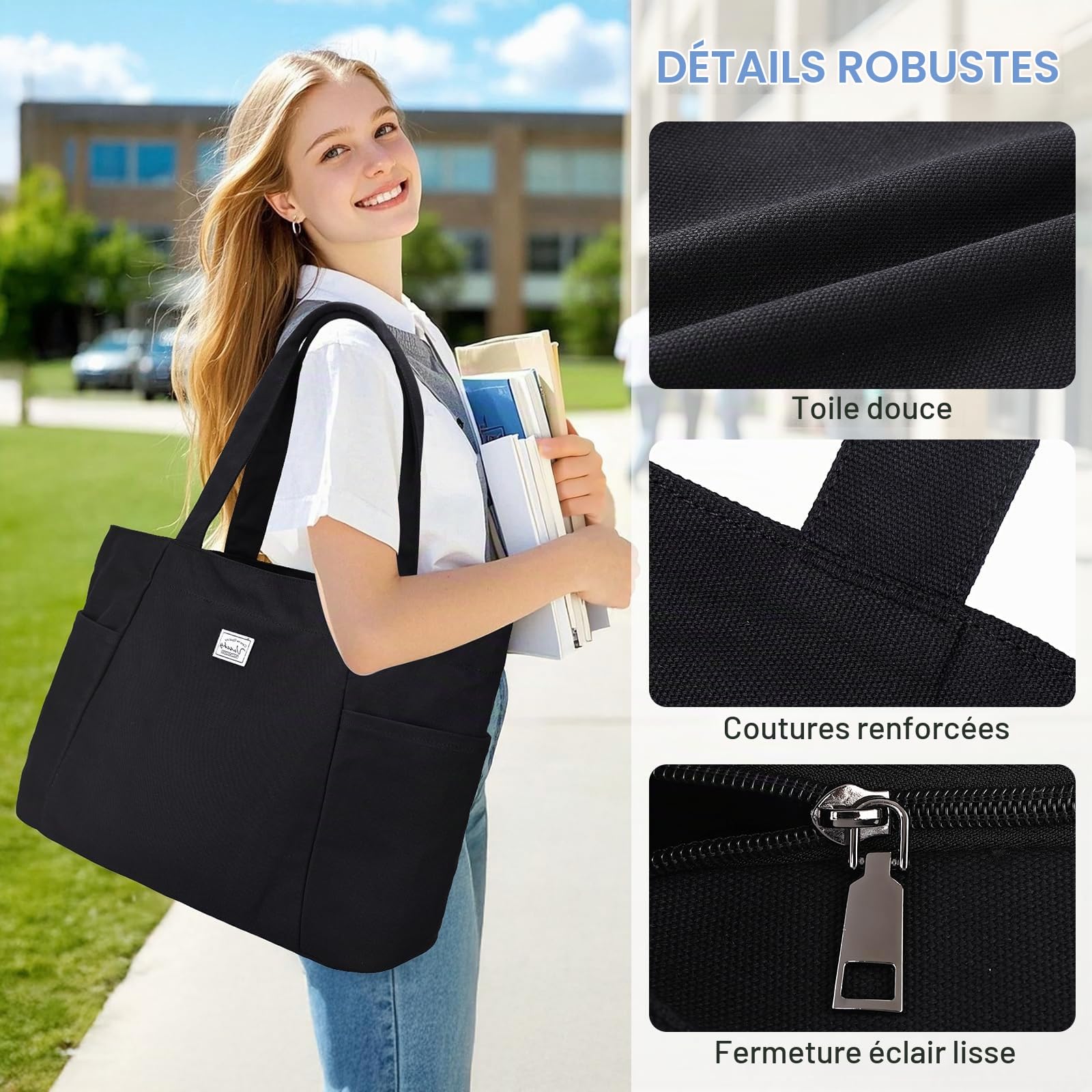VASCHY Grand Tote Bag, Cabas Femme en Toile Léger Sac Fourre-Tout avec Fermeture Eclair Sac à Main en Tissu Réutilisable pour fille pour École Université Shopping Travail Voyage