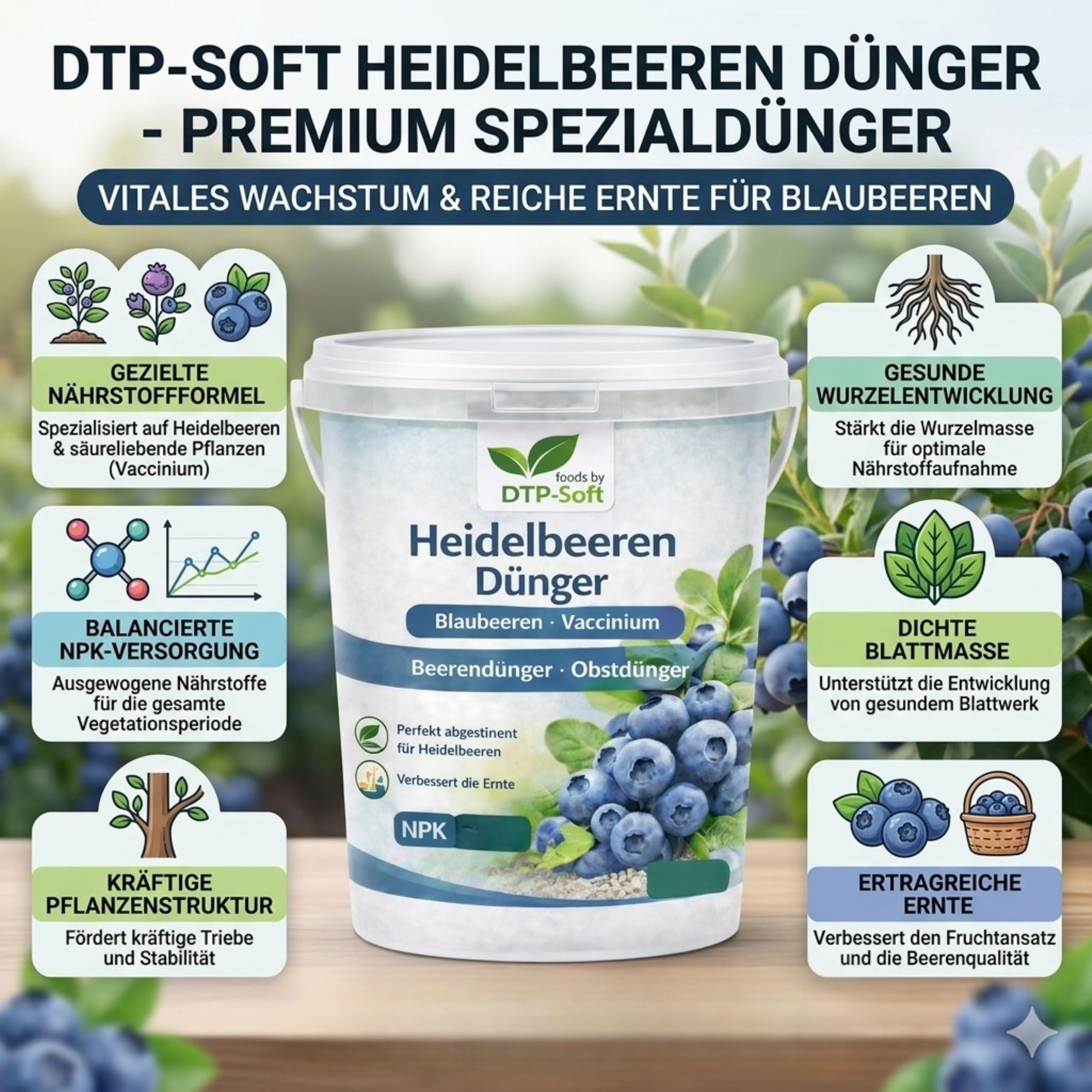 Heidelbeerdünger 5kg Eimer - Heidelbeeren Dünger für Blaubeeren, Vaccinium und Moorbeetpflanzen - Premium NPK Dünger für bis zu 125 m² - für kräftige Wurzeln, starke Pflanzen und aromatische Früchte