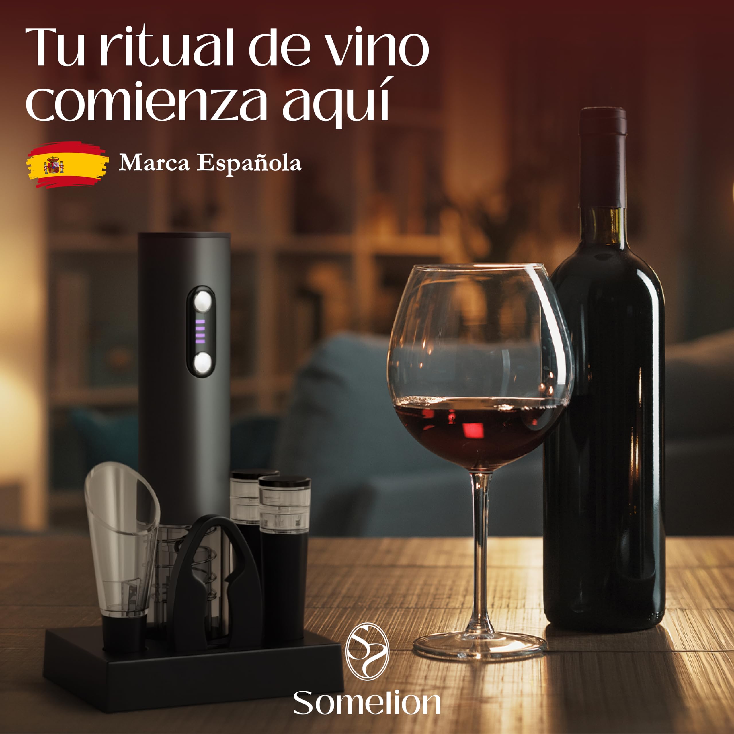 Abridor Electrico de Vino con Pantalla de Bateria Set 7 en 1 con Base Accesorios Vacio Vertedor Carga UsbC Apertura Rapida 6 A 10 Segundos Regalo Ideal Portatil Facil de Usar Diseño Premium en Español