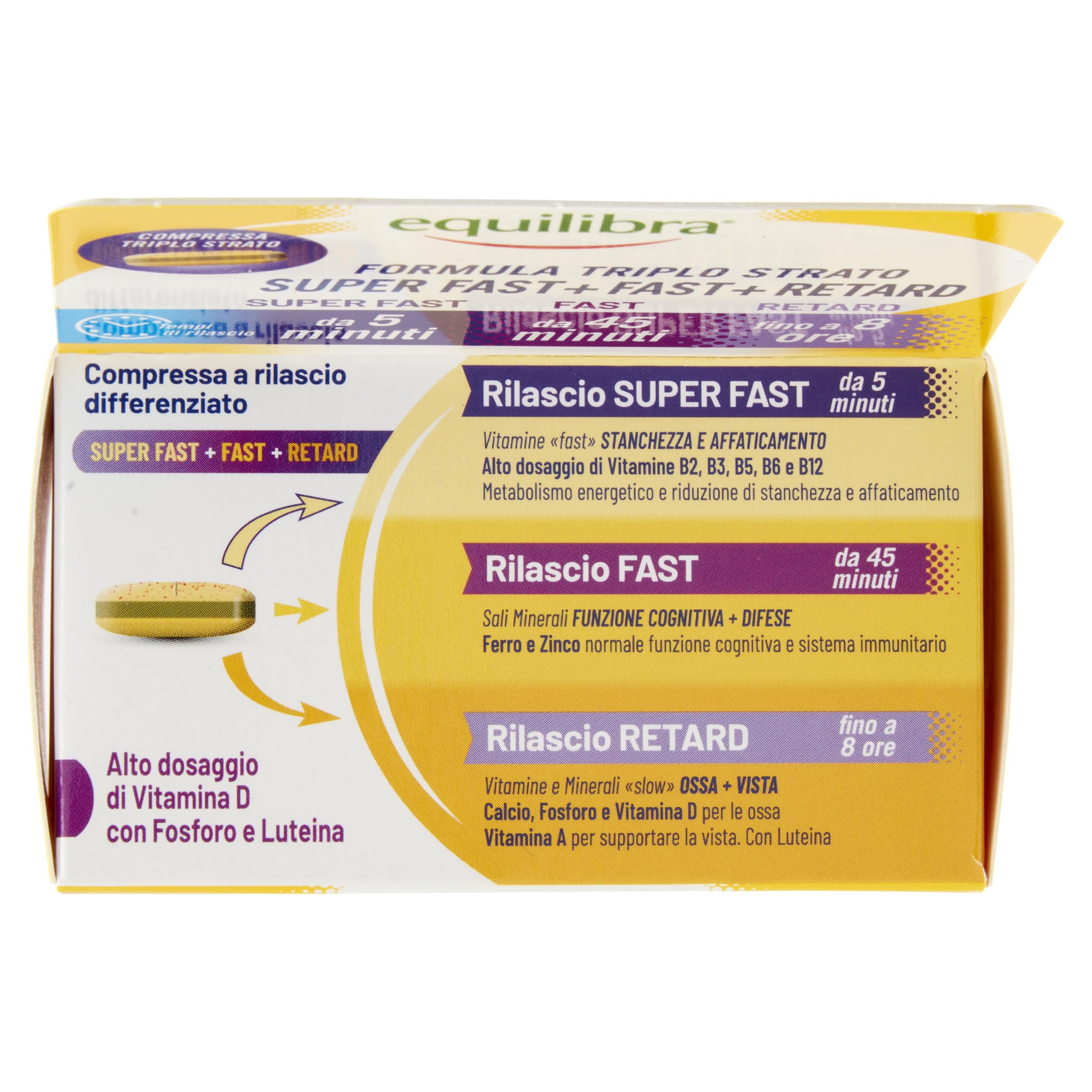 Equilibra Multivitamine e Minerali 50+, Rilascio Prolungato fino a 8 ore, Alto Dosaggio di Vitamina D, con Fosforo e Luteina, per Adulti 50+, Senza Glutine, per Vegetariani, 30 Compresse Triplo Strato
