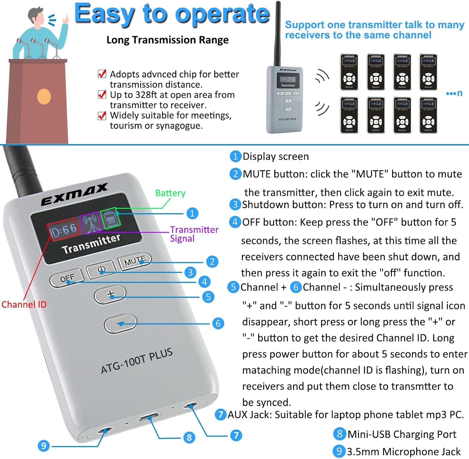 EXMAX ATG-100T Plus 195MHz Wireless Tour Guide Audio Voice Transmission System Microphone Earphone for Church Translation Simultaneous Interpreting Walking Tour Travel Seminars Wedding(1 Transmitter)