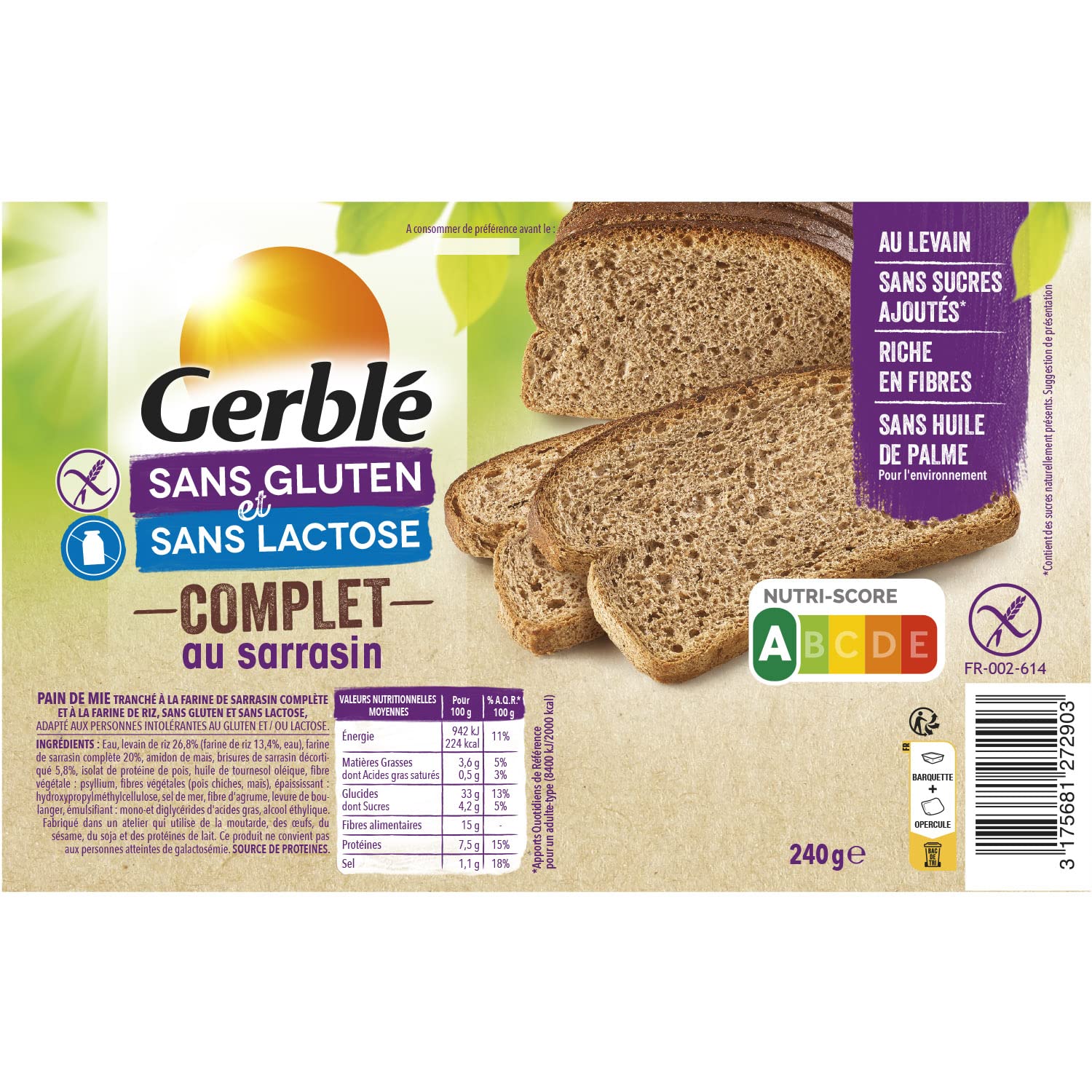 Gerblé Pain complet au Sarrasin Sans Gluten & Sans lactose - Lot de 9 pains Complet (9x240g)
