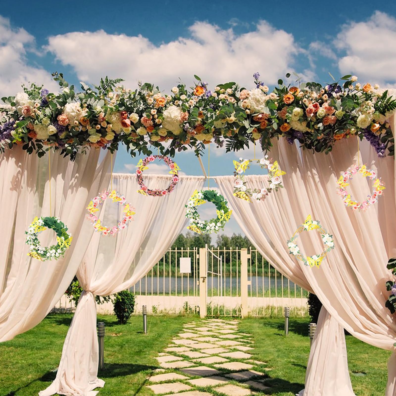 10 cerchi floreali in metallo da 30,5 cm con supporto per centrotavola, ghirlanda dorata macramè anello con decorazione a farfalla 3D, centrotavola decorazioni da tavolo per matrimoni, feste fai da te