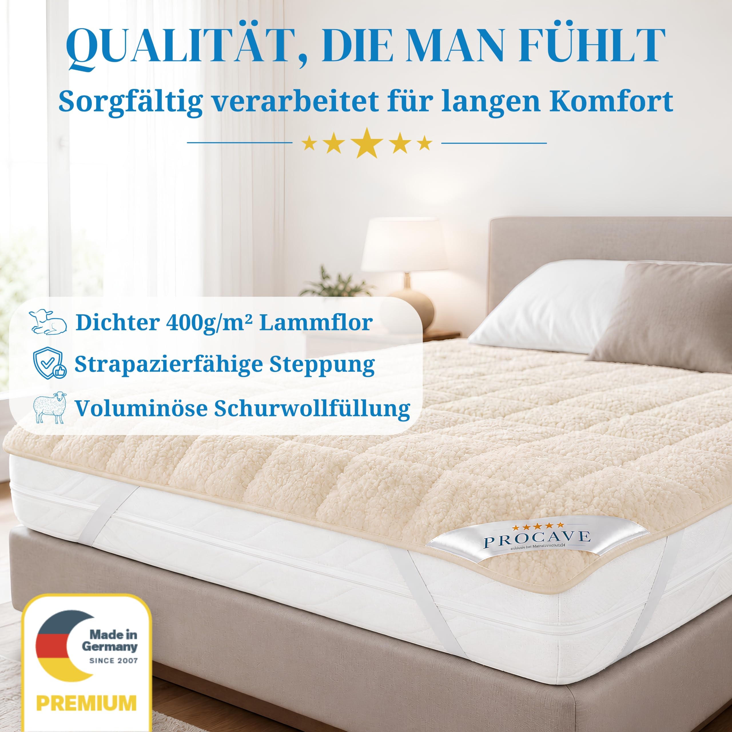 PROCAVE weiches Unterbett mit Lammflor und Schurwolle. hochwertige Matratzen-Topper. Matratzen-Schoner mit 4 Eckgummis. Matratzen-Auflage 90x200 cm
