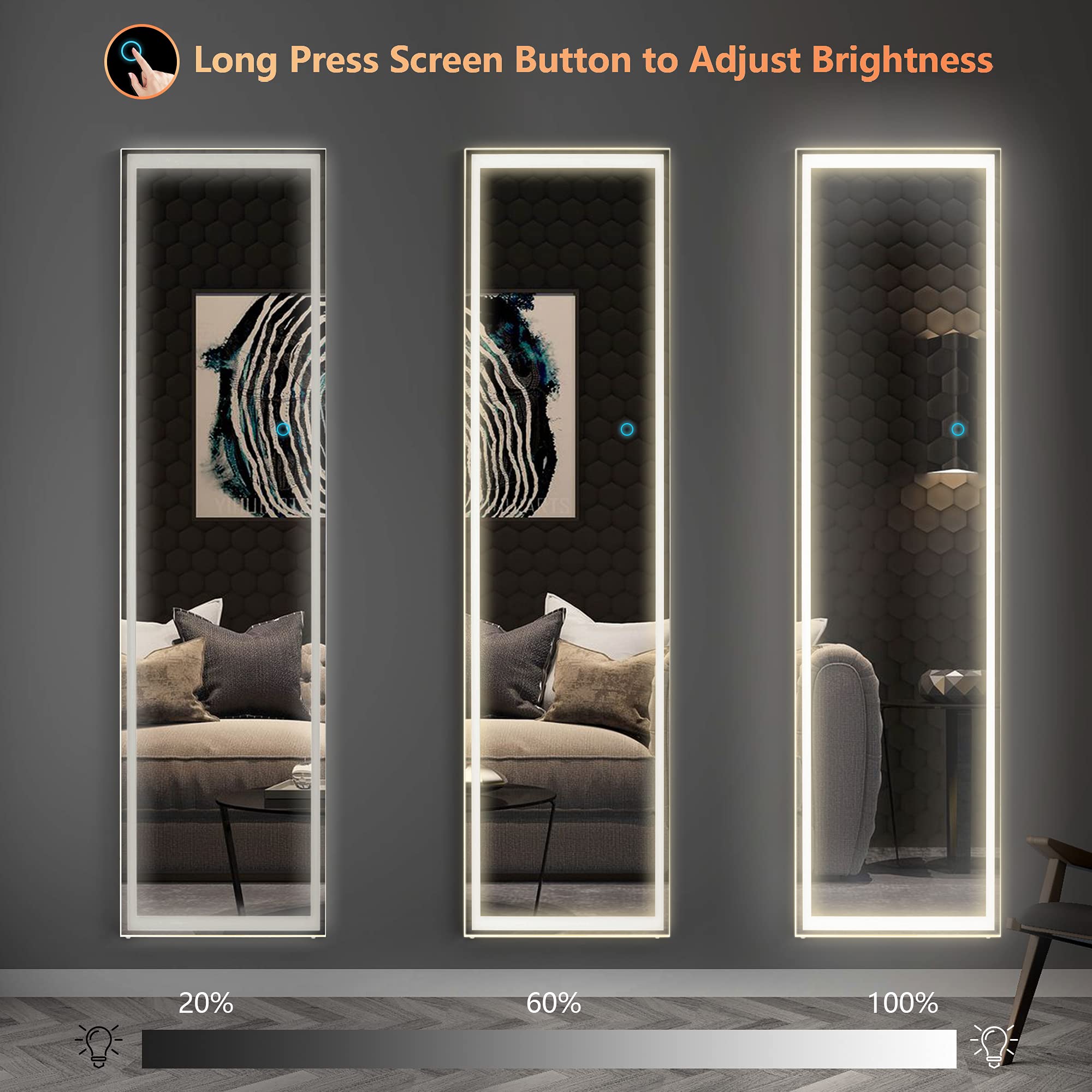 LVSOMT Full Length Mirror, Wall & Floor Mirror, Standing Mirror, Hanging Mirror, Full Body Mirror Large and Tall, Aluminium Alloy Framed for Bedroom Living Room Locker Room (Led (Black-s), 63" x 16")