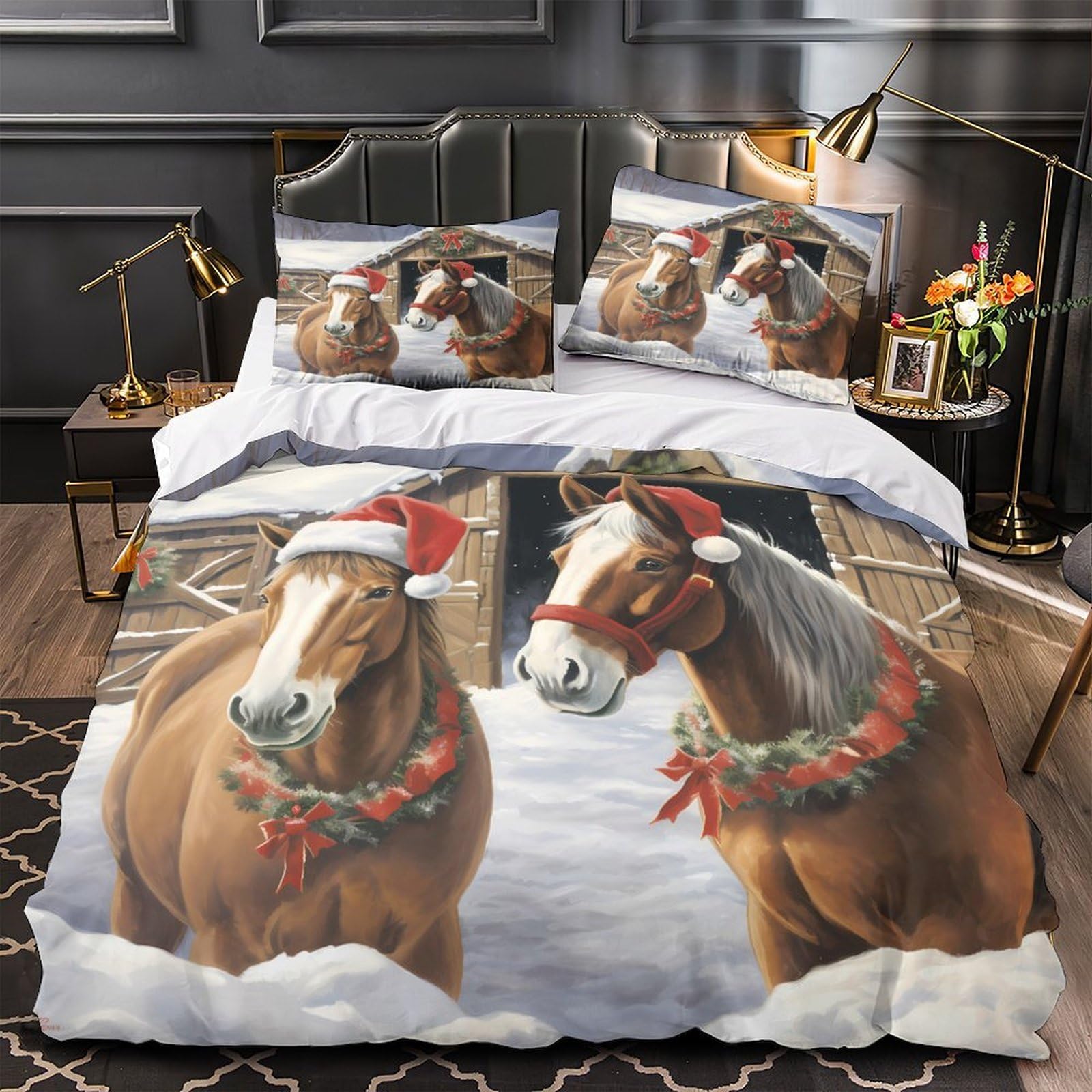 Parure de lit chevaux de Noël en microfibre 3 pièces pour lit double avec taies