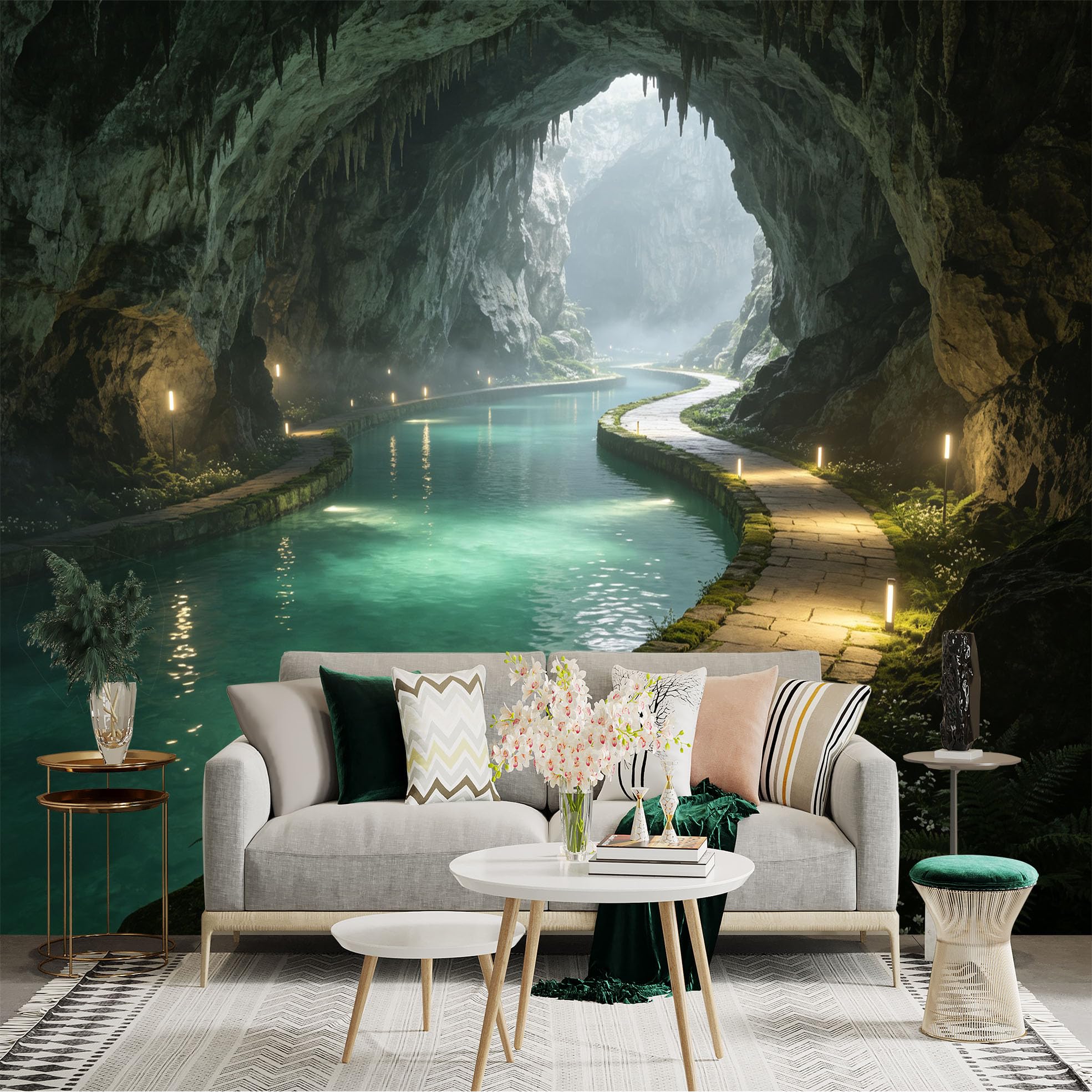 Custom Size Wall Sticker Mural， Mysterious Limestone Cave， Underground River with Stone Path， Glowing Pathway， for wall Decoration， peelandstick wall Decals.