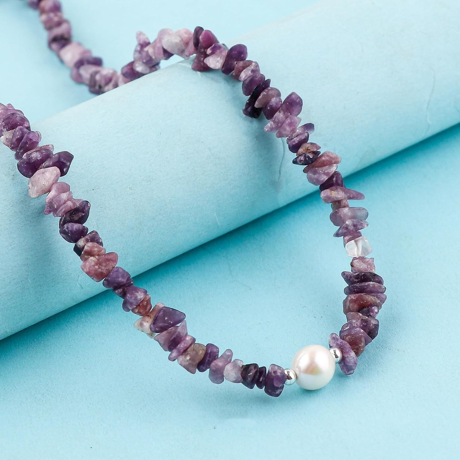 Genuine Lepidolite Gemstone Nugget Beads Jewelry Set for Women, Silver Plated Choker Necklace, Bracelet & Dangle Earrings Combo, Handmade Polished Stone Pearl Boho Jewelry Gift