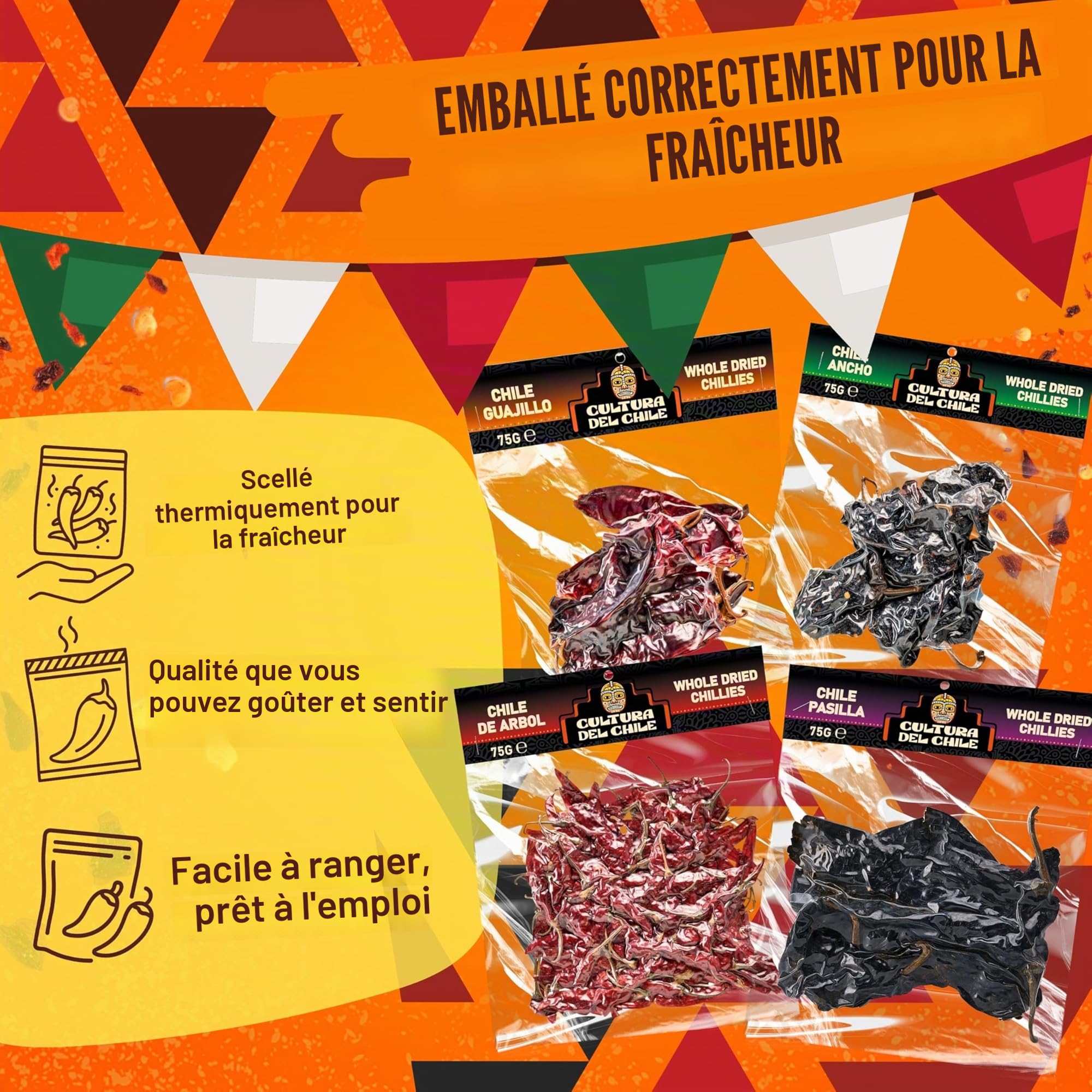 Piments secs entiers mexicains : ancho, guajillo, arbol et pasilla (300 g au total). Piments de base naturels pour un goût mexicain authentique. Idéal pour les tacos Birria, les taupes, les tamales et