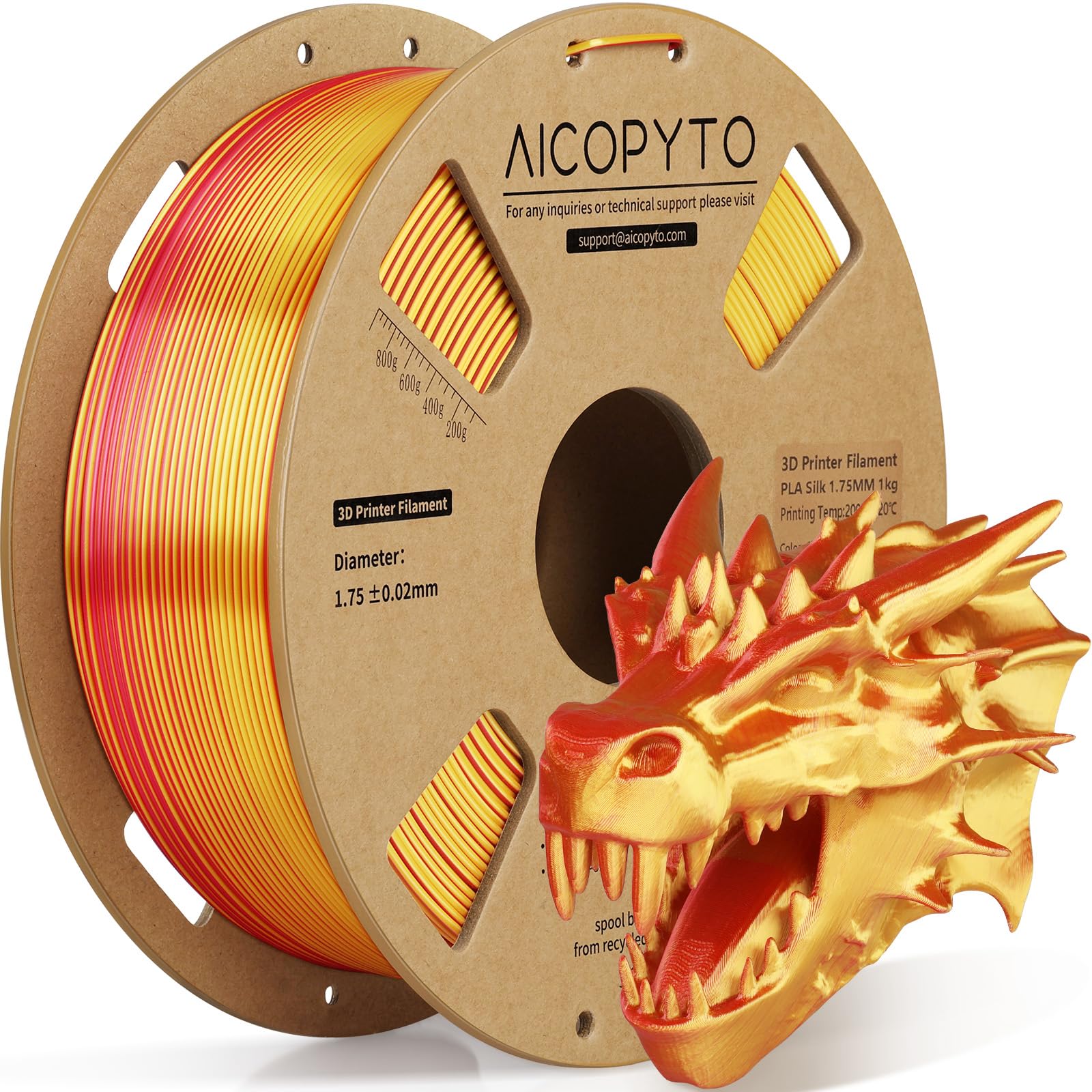 AICOPYTO Dual Color Silk PLA 3D Printer Filament 1.75mm, Dual Color 2-in-1 Red-Gold Silk Filament 1KG Spool (2.2lbs) Dimensional Accuracy Probability