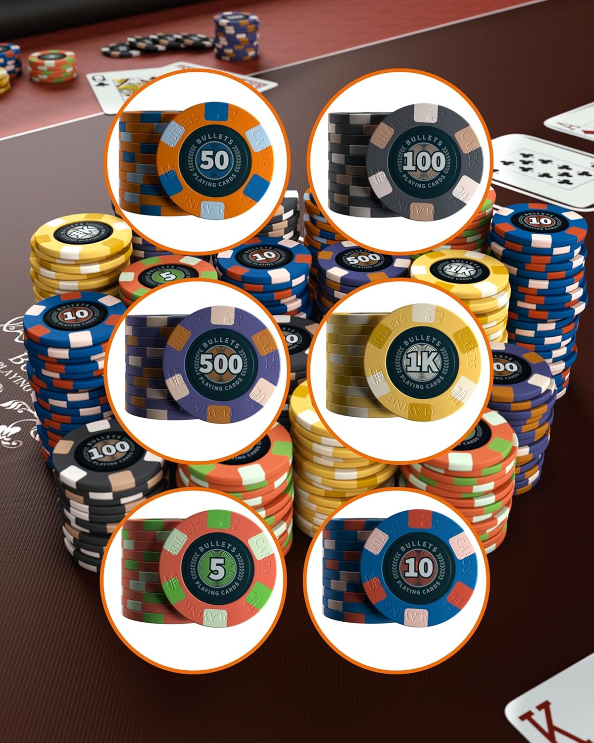 Bullets Playing Cards Ceramic Poker Chips - Printed Value for Easy Betting - Perfect for Poker Nights, Tournaments, & Casino-Style Games - Balanced Design - Set of 25 'Richie' with Value 1k
