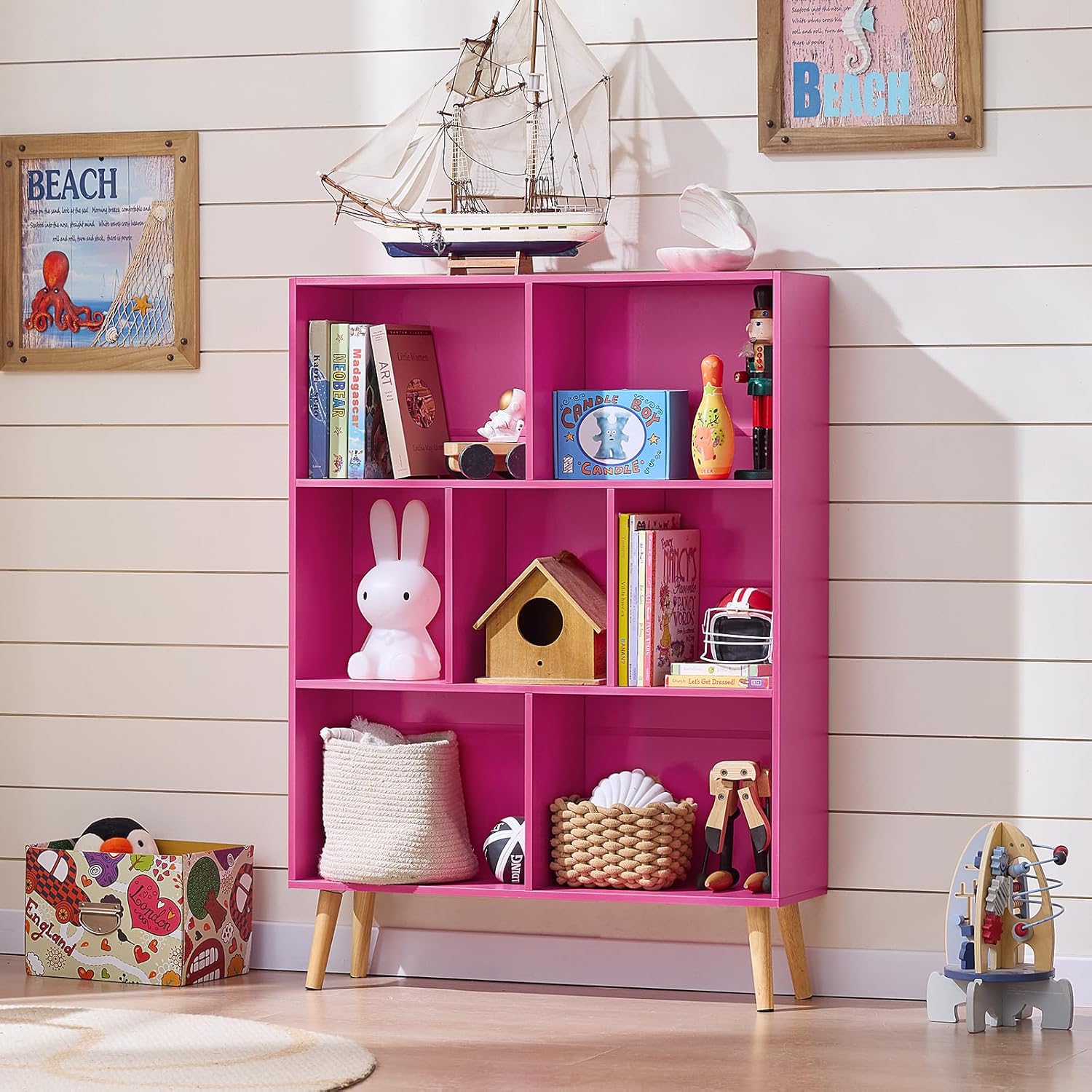 LEYAOYAO 7 Cube Bookshelf,3 Tier Book Shelf with Legs,Pink Modern Bookshelf,Large Freestanding Open Toy Modern Bookshelves,Display Bookcases Decor Furniture for Nursery 7 Cube with Legs Pink