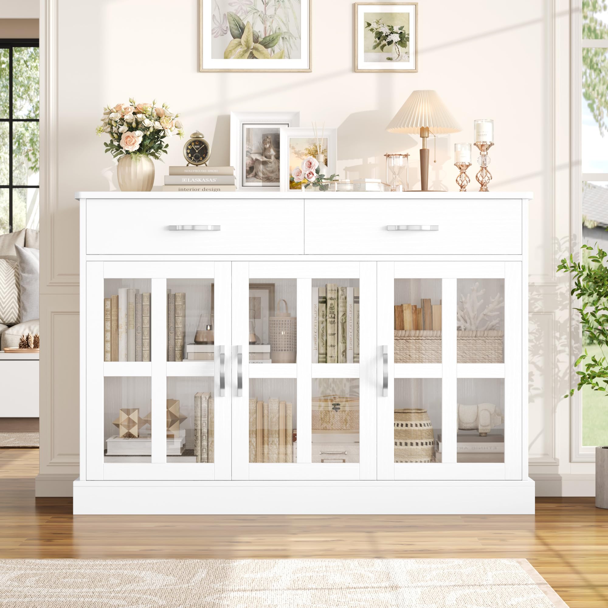 FirFurd Aparador Cocina con 3 Puertas de Cristal, Vitrina Salón, Muebles de Cocina, Aparador Comedor, Armario Buffet con 2 Cajones, Estantes Ajustables, Blanco 120x40x84cm