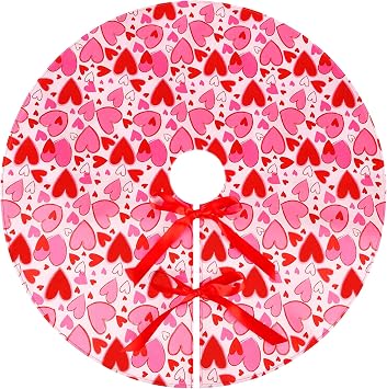 MACTING Valentines Day Tree Skirt 30 Inch Pink Love Heart Pattern Tree Mat Polyester Holiday Tree Base Cover for Valentines Mothers Day Romantic Party Indoor Home Office Decorations