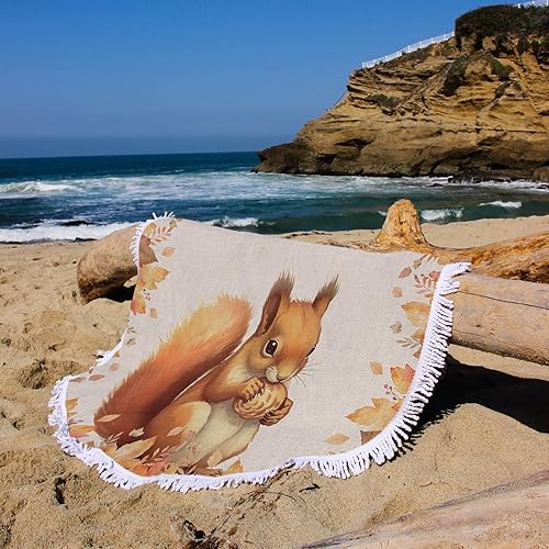 Miniatura 4 de Toalla de playa redonda de ardilla otoñal con cono de pino, manta de playa de microfibra de hoja de arce, toallas suaves que absorben el agua, tapiz
