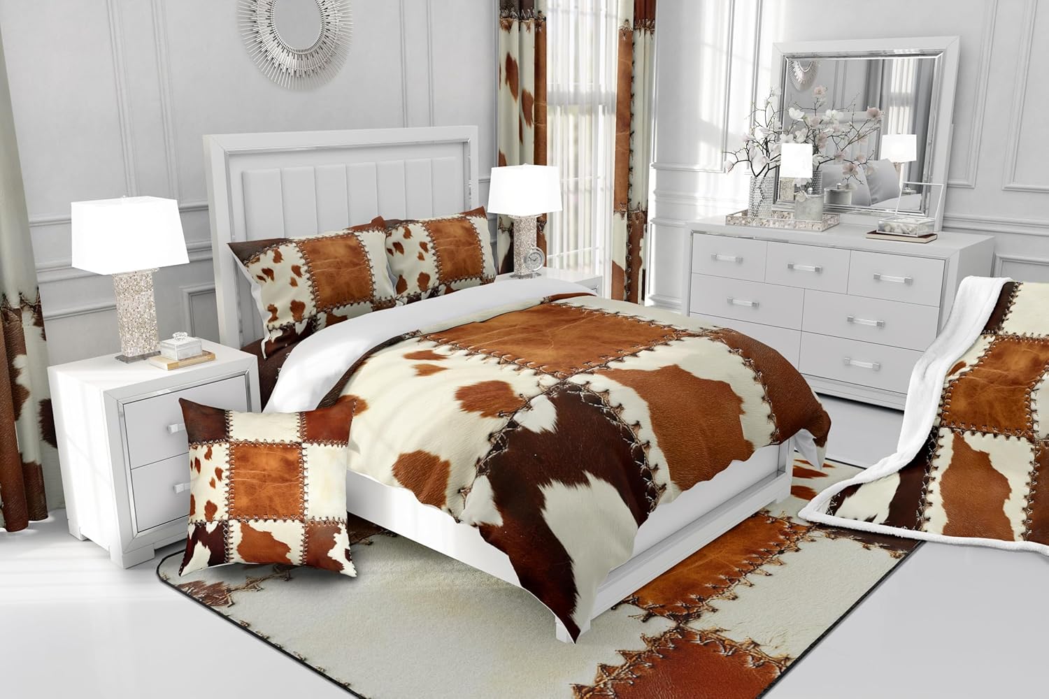 Brown Cowhide Blackout Curtains,Cattle Wild Highland Cow Print Curtains & Drapes,Rustic Farm Animal Skin Fur Window Treatments 2 Panels 42 x 84 Inch,Vintage Patchwork Home Decor Boho Exotic Decor