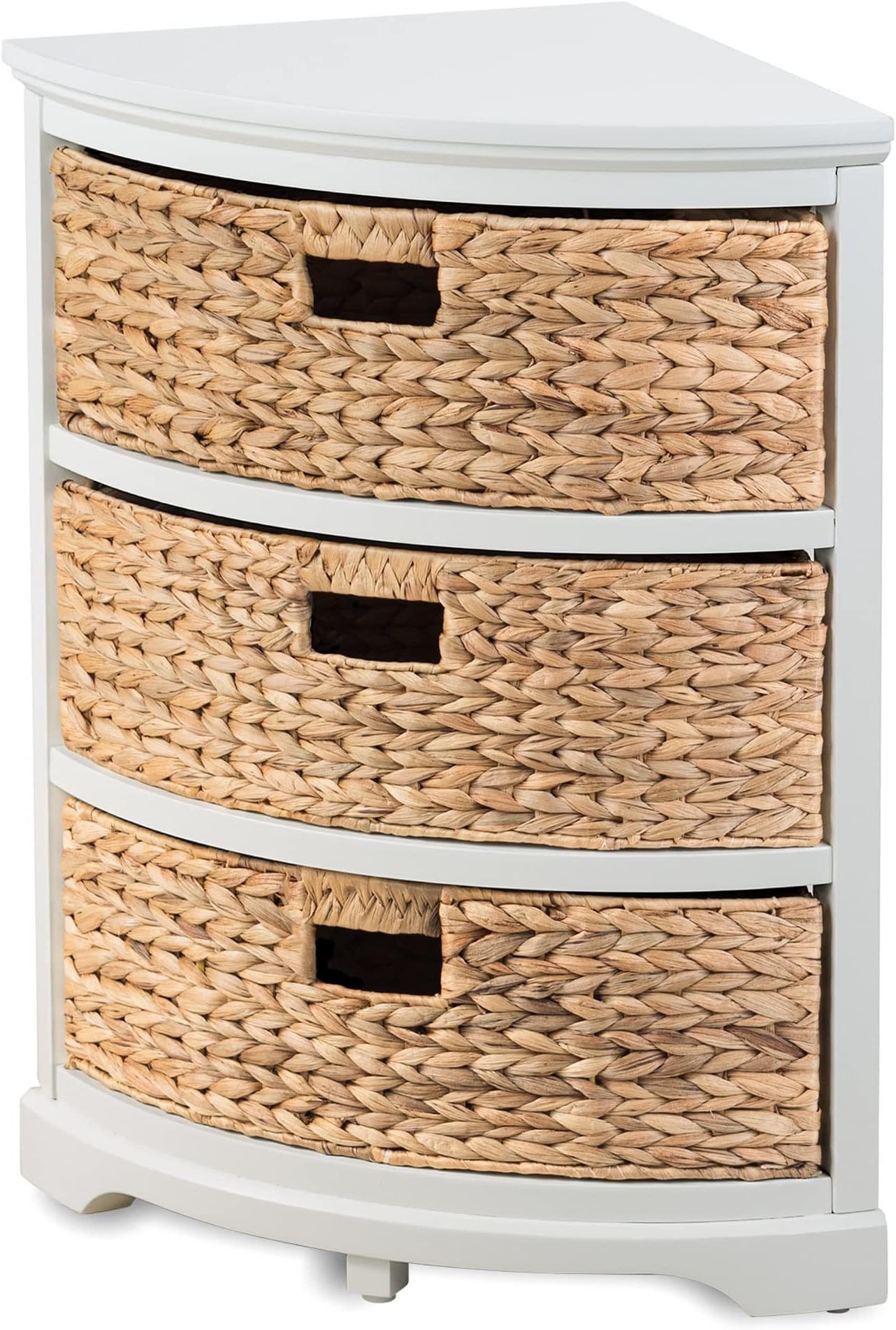 Hampton Meadows 3 Tier X-Side Corner Table Storage Cabinet with 3 Wicker Baskets, White