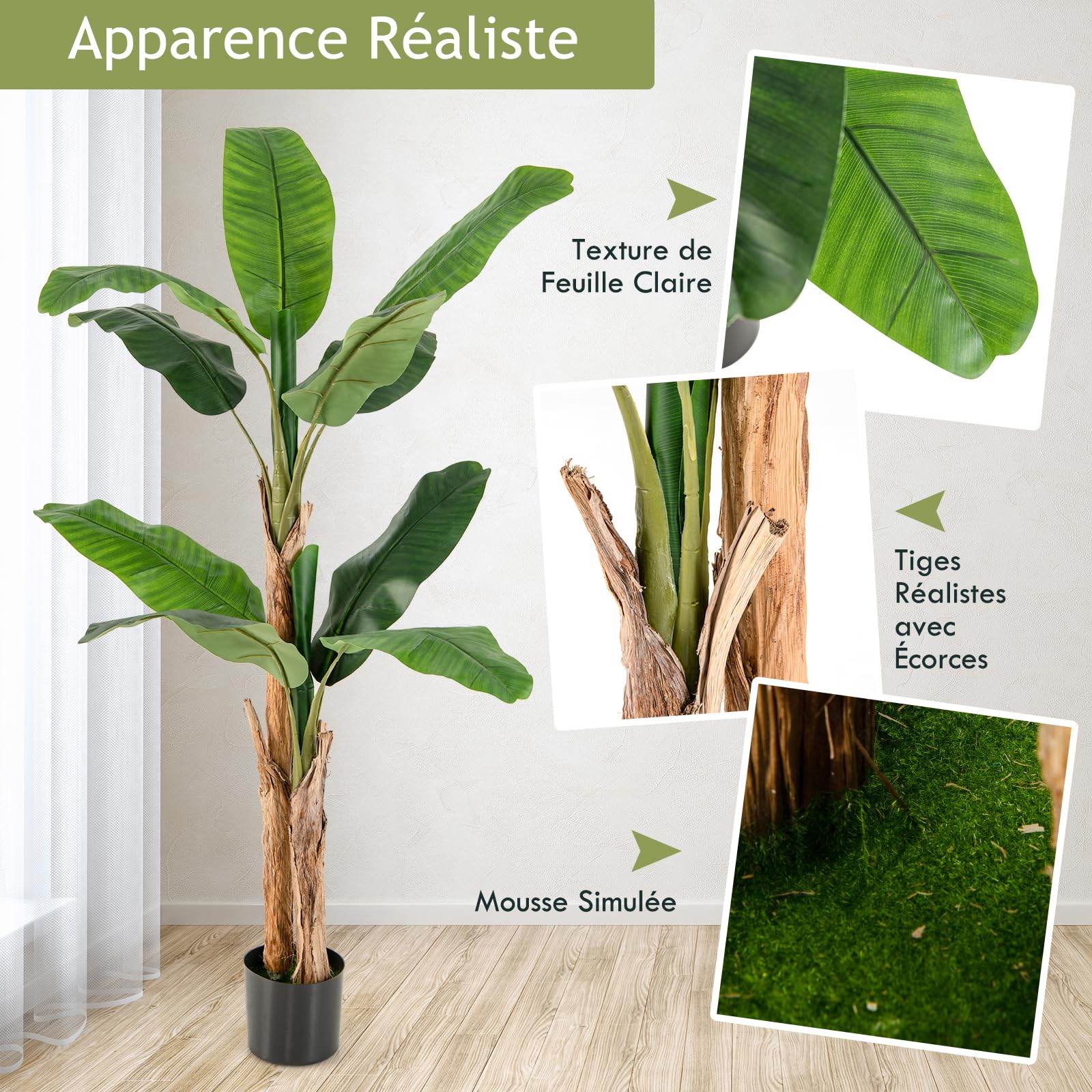 GIANTEX Plante Artificielle Intérieur, Fausse Plante Bananier 165 CM en Pot avec Ciment, 2 Tiges Réalistes & 10 Grandes Feuilles, Arbre Artificiel Intérieur Extérieur Maison Jardin Bureau