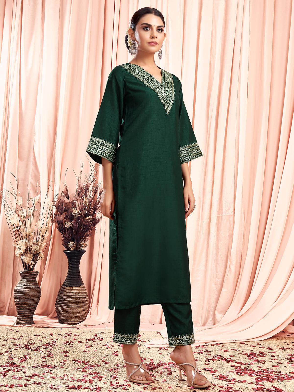 Sanisa Women's Silk Sequence And Embroidery Work Lace Straight Kurta With Pant And Dupatta Set (104Kbd1136Nb-S_Dark Green)