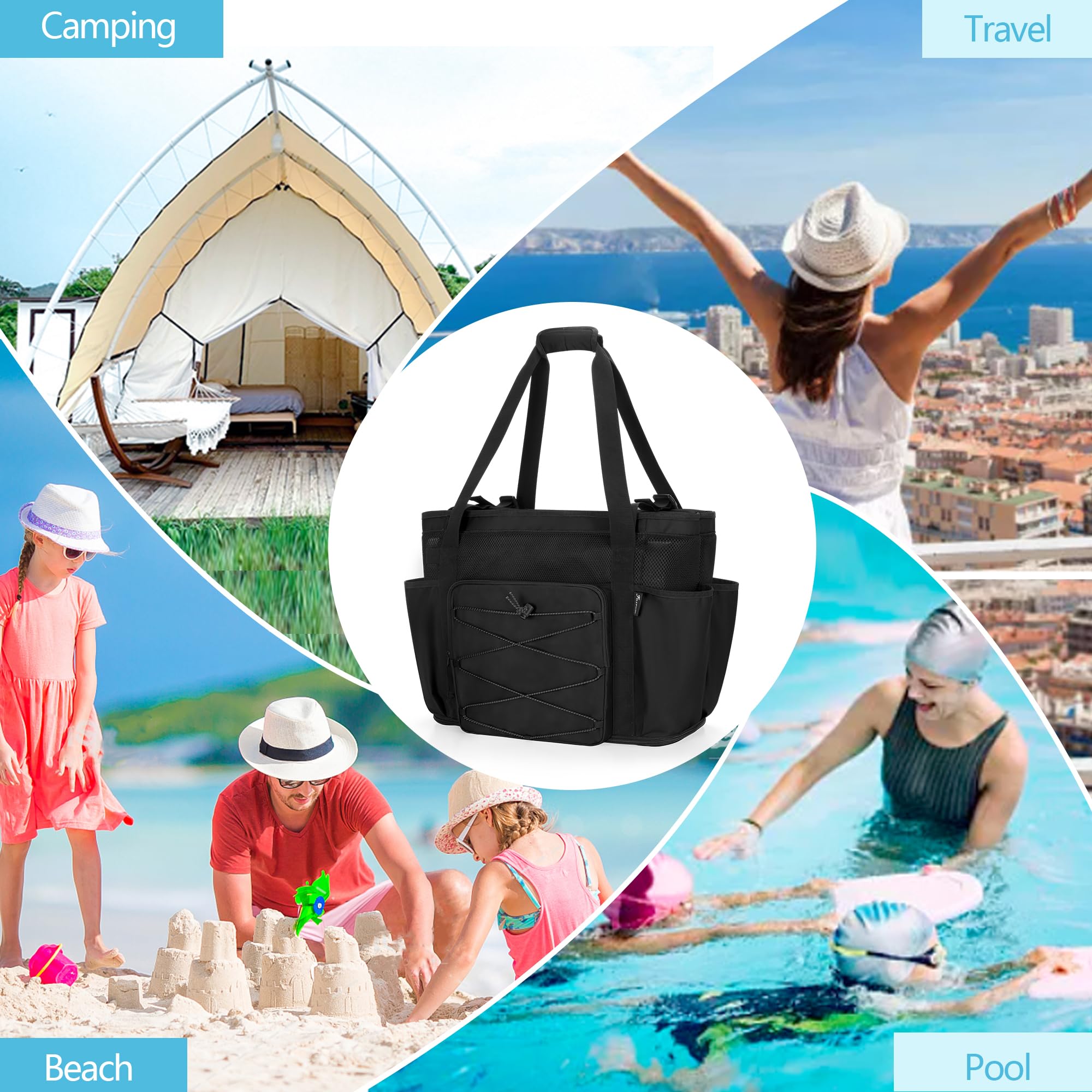 Fasrom Bolsa de playa XXL con cremallera inferior, bolsa de baño XXL familiar, bolsa de sauna para mujer grande, bolsa de natación familiar, bolsa de playa impermeable con cremallera, mochila de playa