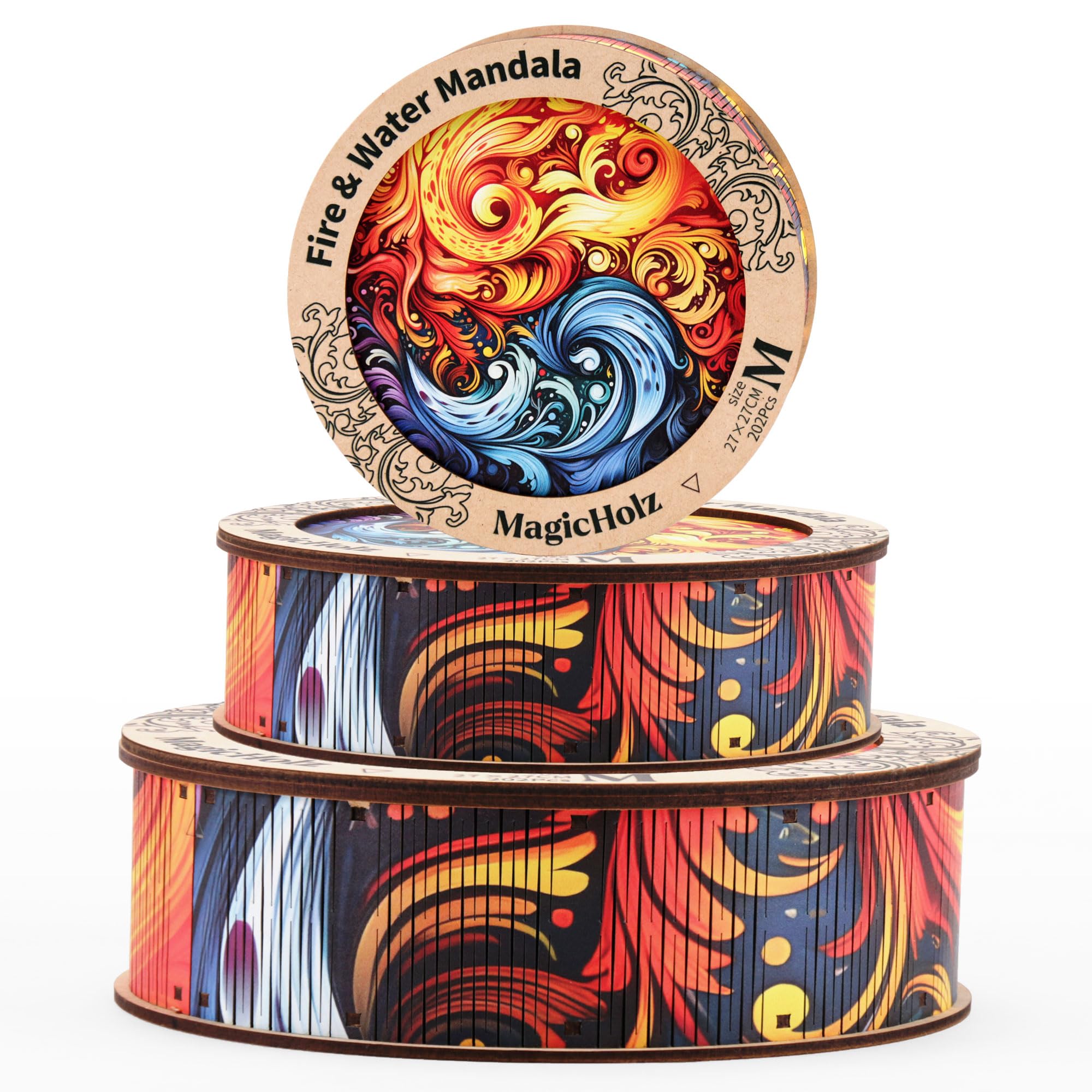 MagicHolz – Holzpuzzle Mandala Feuer und Wasser – rundes Holz Puzzle Ø 47 cm – besondere Geschenkidee für Erwachsene & Kinder – inkl.Premium Holzbox