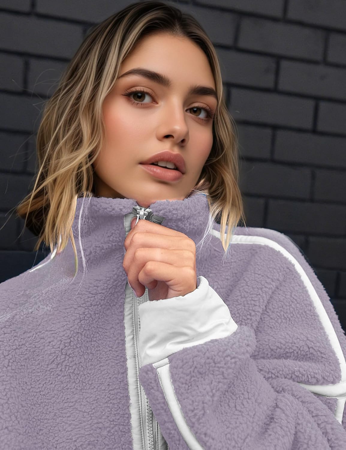 Women's Fleece Sweatshirts Half Zip Pullover Long Sleeve Oversized Workout Crop Tops Hoodie with Pocket(Purple,L) - Image 5