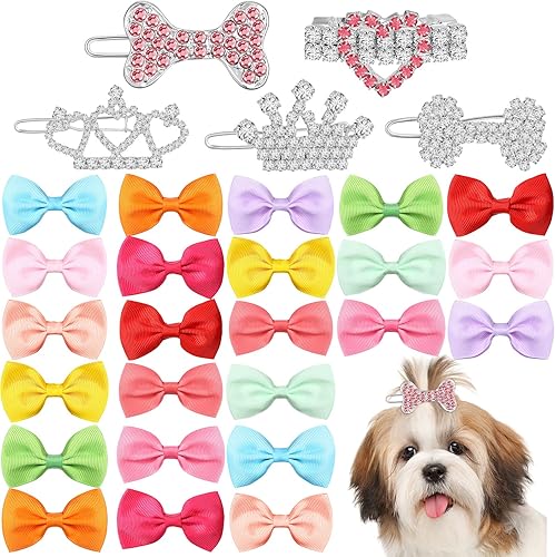 Janinka 29 lazos para el pelo de perro, 24 pinzas para el pelo de Yorkie para cachorros, 5 accesorios de cristal para perros, accesorios de aseo con